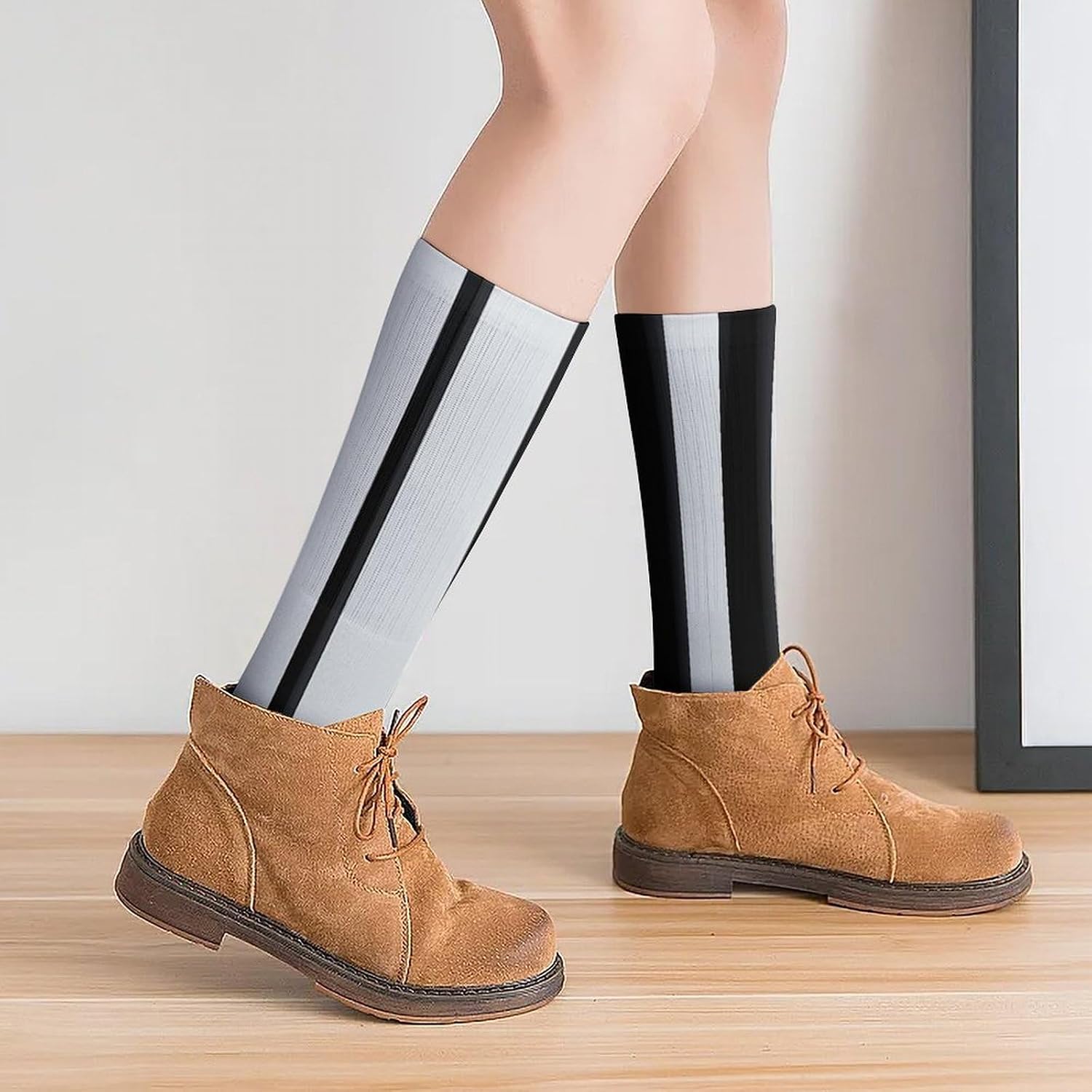 Breathable Crew Sock, Moisture Wicking, Athletic Calf Socks, Cozy | Black And-White Stripes Compression Socks for Women Men, Lightweight High Work Socks for Business, Casual