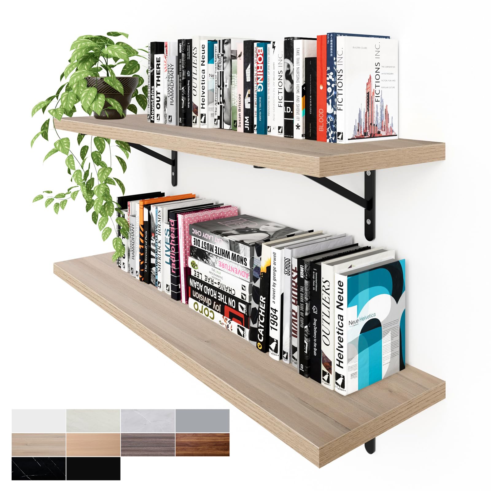 Kaboon 36 inch Long 10 inch Deep Floating Shelves for Wall Set of 2, Large Open Shelves Wall Mounted, Space Saving Home and Commercial Use, Oak/Grey