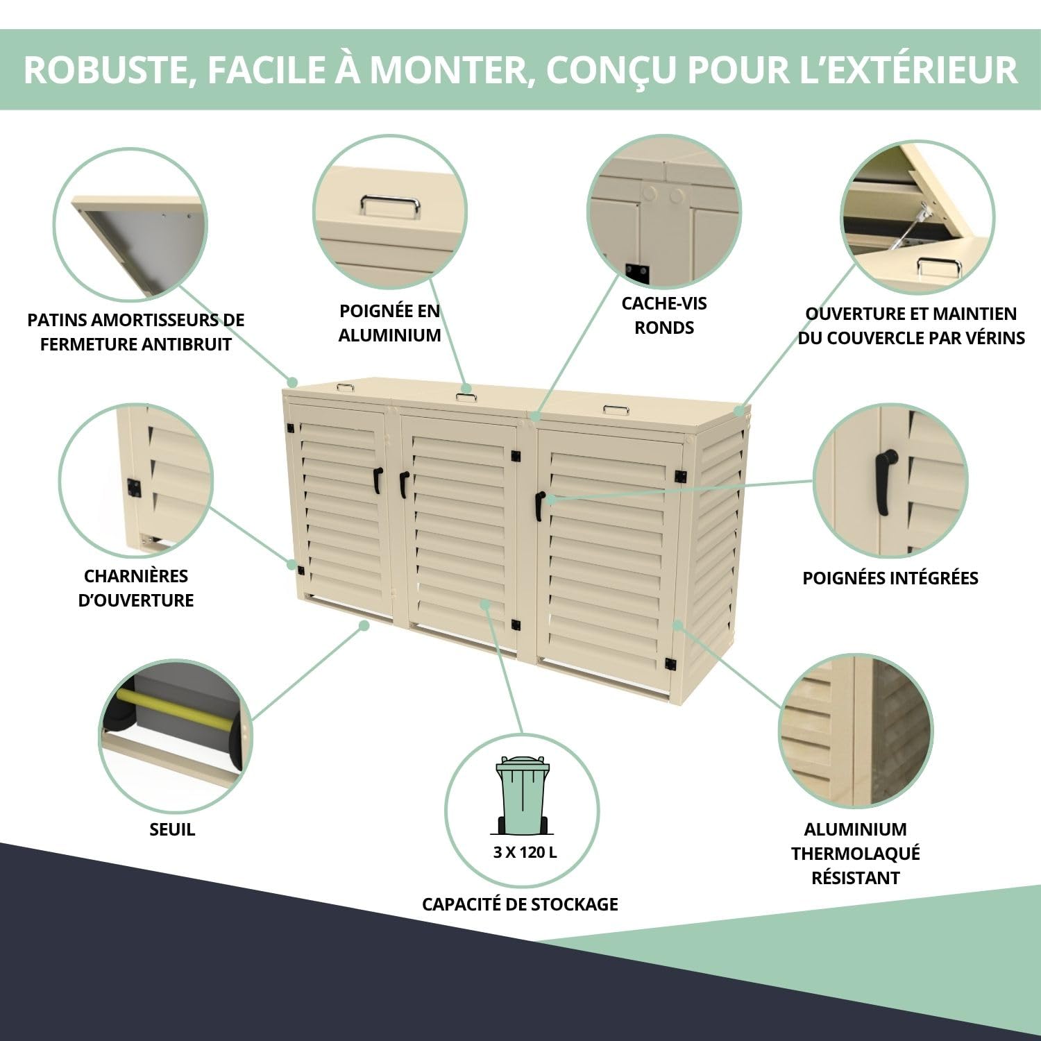 Refugio de basura exterior triple de aluminio termolacado para 3 cubos de basura de dimensiones H. 96 x L 49 x 55 cm (3 x 120 litros) | Crema RAL1015 | Calidad anticorrosión | Fabricación francesa