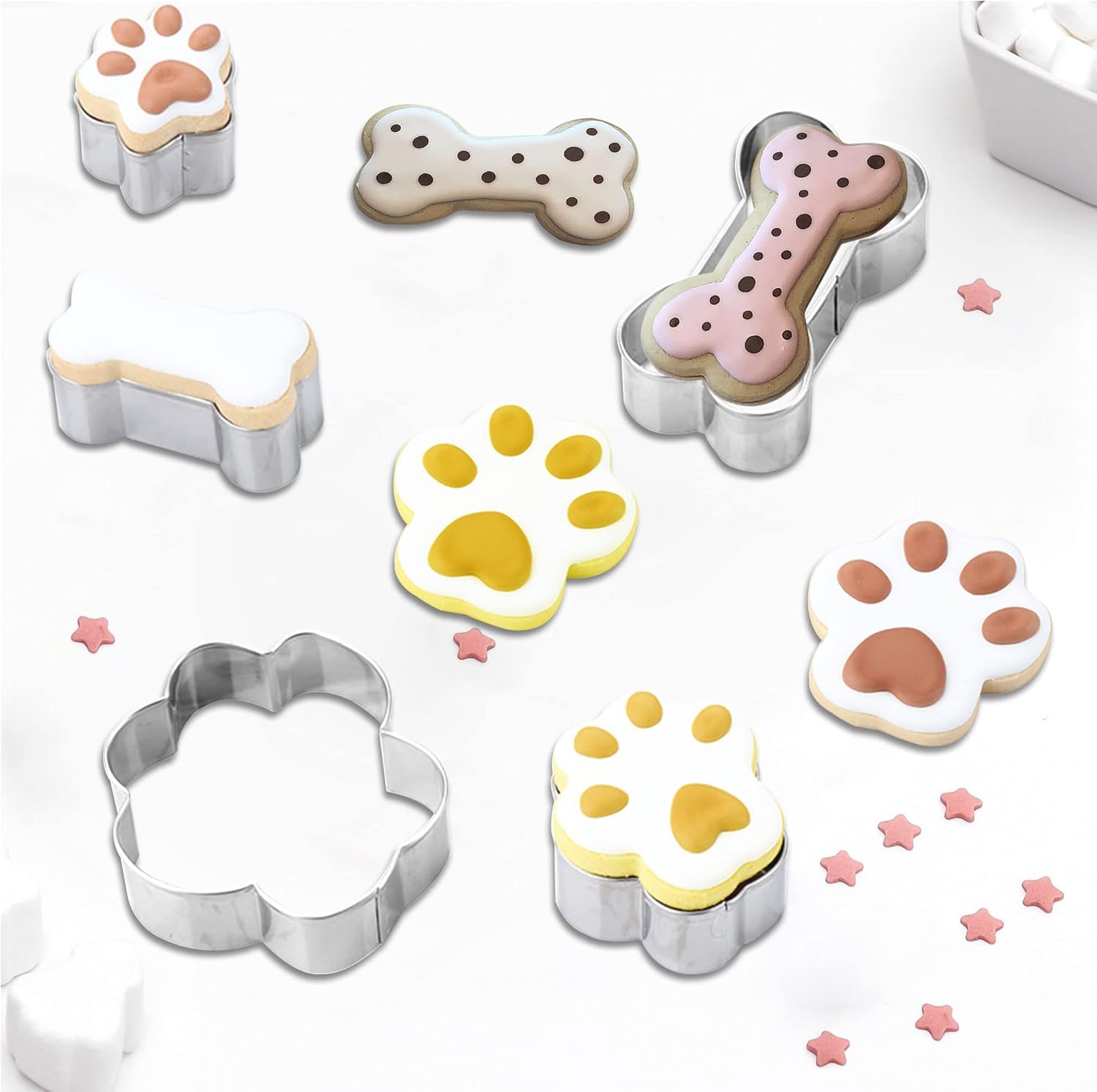 8PCS Dog Bone and Dog Paw Print Cookie Cutters Set, Stainless Steel Metal 4 Sizes Dogs Bone Paw Shape Cookie Cutter, Dogs Theme Party Cookie Cutter Molds for Homemade Treats Baking - Image 2