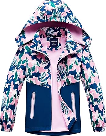Girls Hooded Rain Jacket Waterproof Raincoat Fleece Lined Coat for Kids