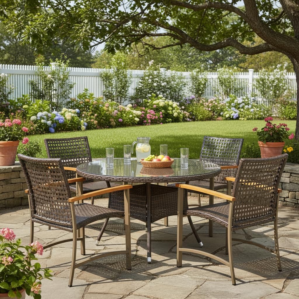Tangkula Patio Dining Chairs Set of 4, Outdoor PE Wicker & Heavy-Duty Metal Chairs with Acacia Wood Armrests, Outdoor Rattan Armchairs for Garden, Backyard, Poolside, Balcony