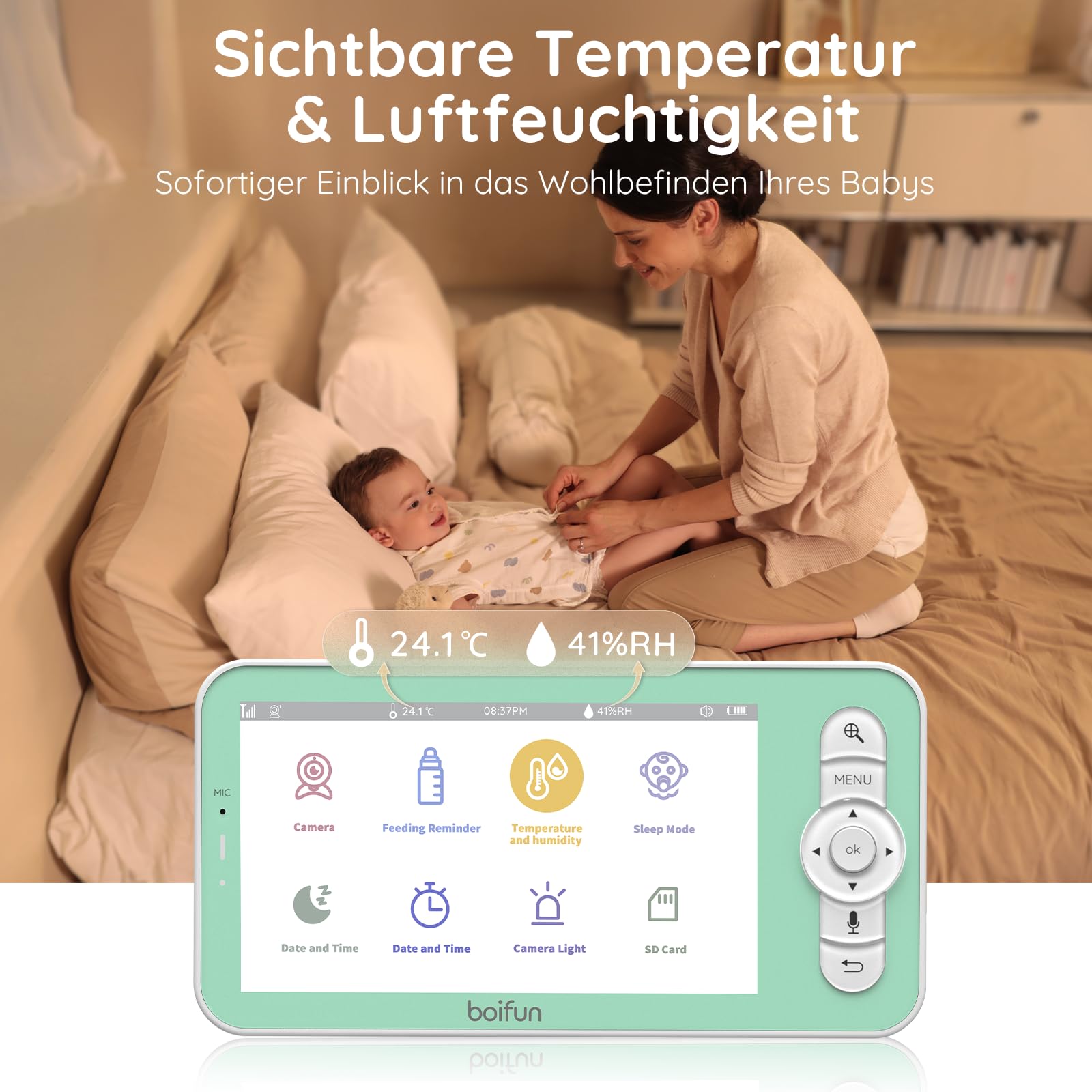 BOIFUN Babyphone mit Kamera 2K/3MP, Intelligentes Nachtlicht, 360 Gard WLAN Video Babyfon mit App, 4×Zoom, Bewegungsverfolgung, IR Nachtsicht, Weinen/Bewegungs/Geräuscherkennung, Temperaturerkennung