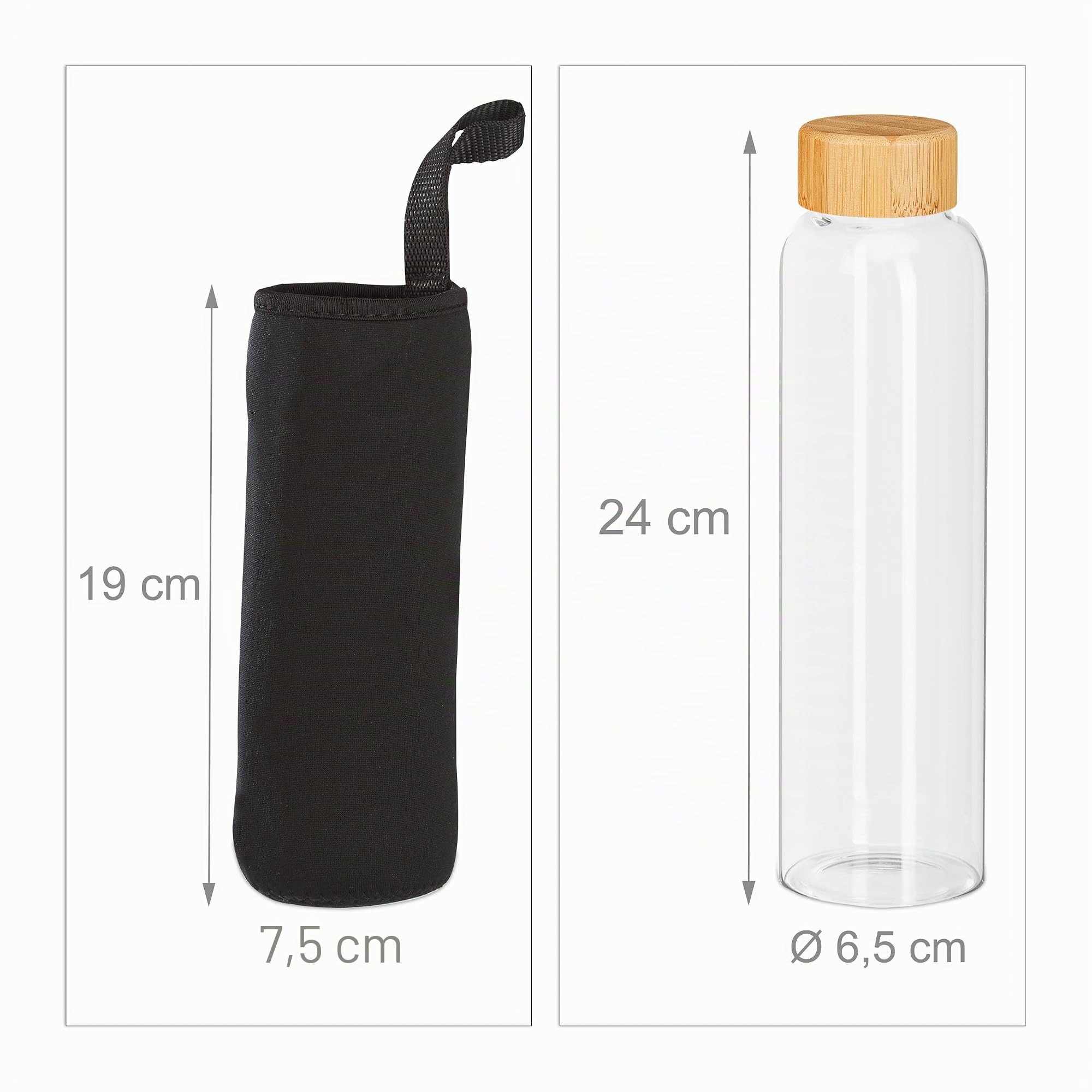 Relaxdays 6 Botellas Agua Reutilizables 500ml, Vidrio Borosilicato, con Funda, Tapa Bambú Hermética, Transparente/Negro