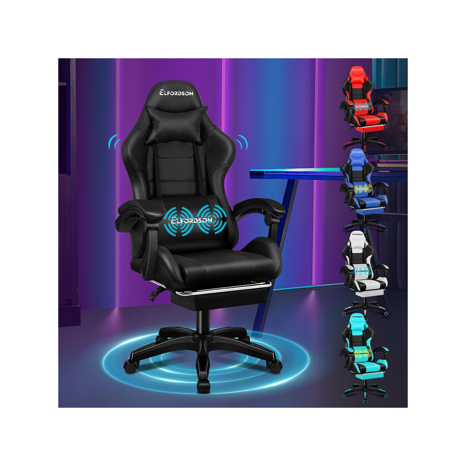 ELFORDSON Massage Gaming Chair with Footrest, Video Game Chairs, Ergonomic Computer Desk Office Chairs, Adjustable Height & Tilt, 360° Swivel, Breathable Mesh & PU Leather, Home Office Esports, Black