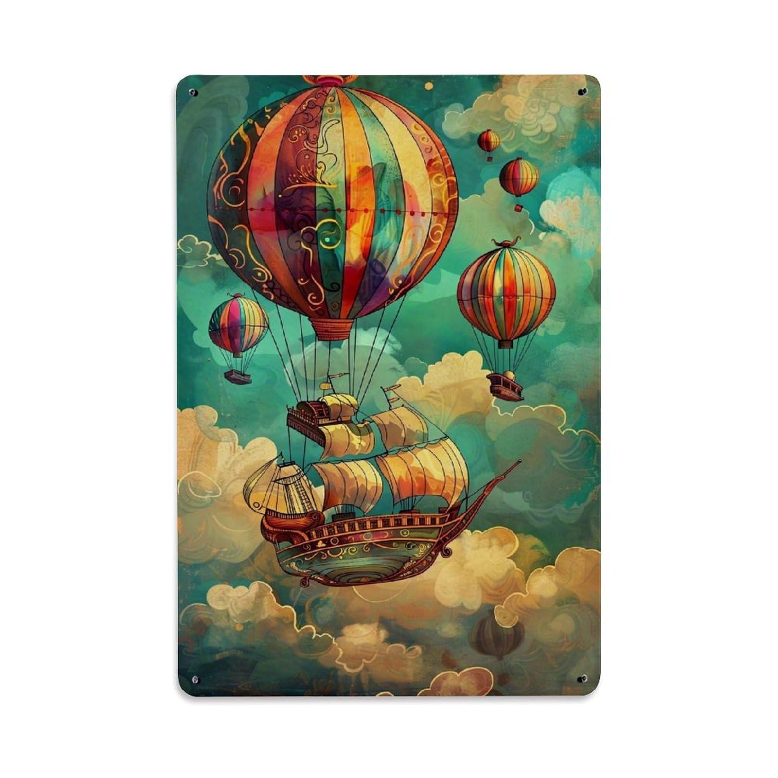 Jdfenggu Vintage Fantasy Airship Balloon Cloud Sky Retro Metal Tin Sign, Decor Art Poster For Bar, Home, Man Cave, Kitchen, Laundry Room Gift 8X12inch
