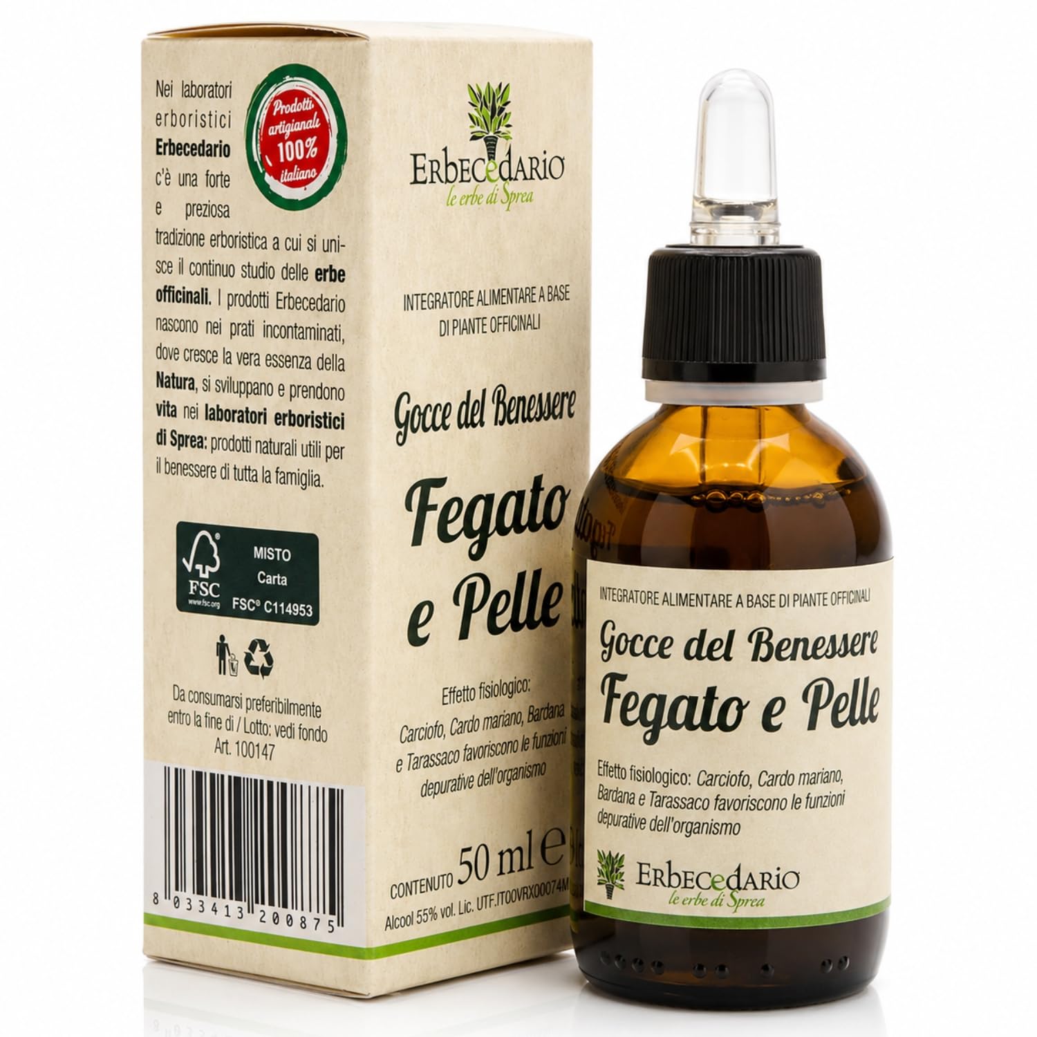 Gocce Del Benessere Fegato E Pelle Erbecedario 50ml, Depurativo fegato Naturale Con Tintura Madre di Carciofo e Cardo Mariano, Stimola Le Funzionalità Del Fegato