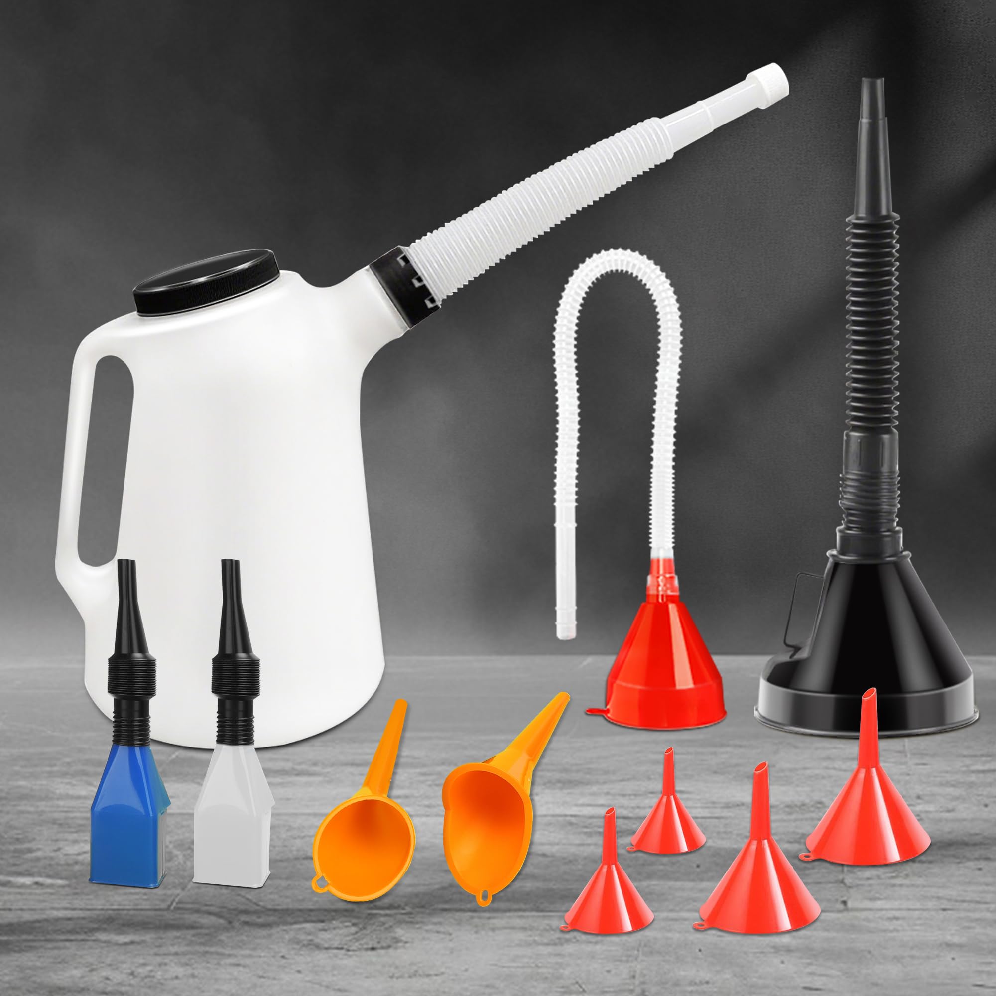 Juego de jarra de aceite de 5 cuartos y 10 embudos – Contenedor de medición de aceite con tapa y boquilla flexible, kit de embudo automotriz para automóviles, camiones, motocicletas
