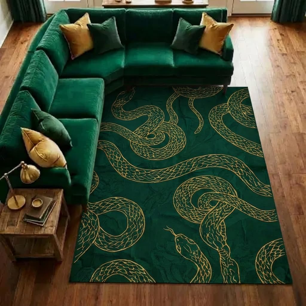 5x7 Green and Gold Snake Pattern Area Rug, Non-Slip Washable Rug for Family Living Rooms Bedrooms