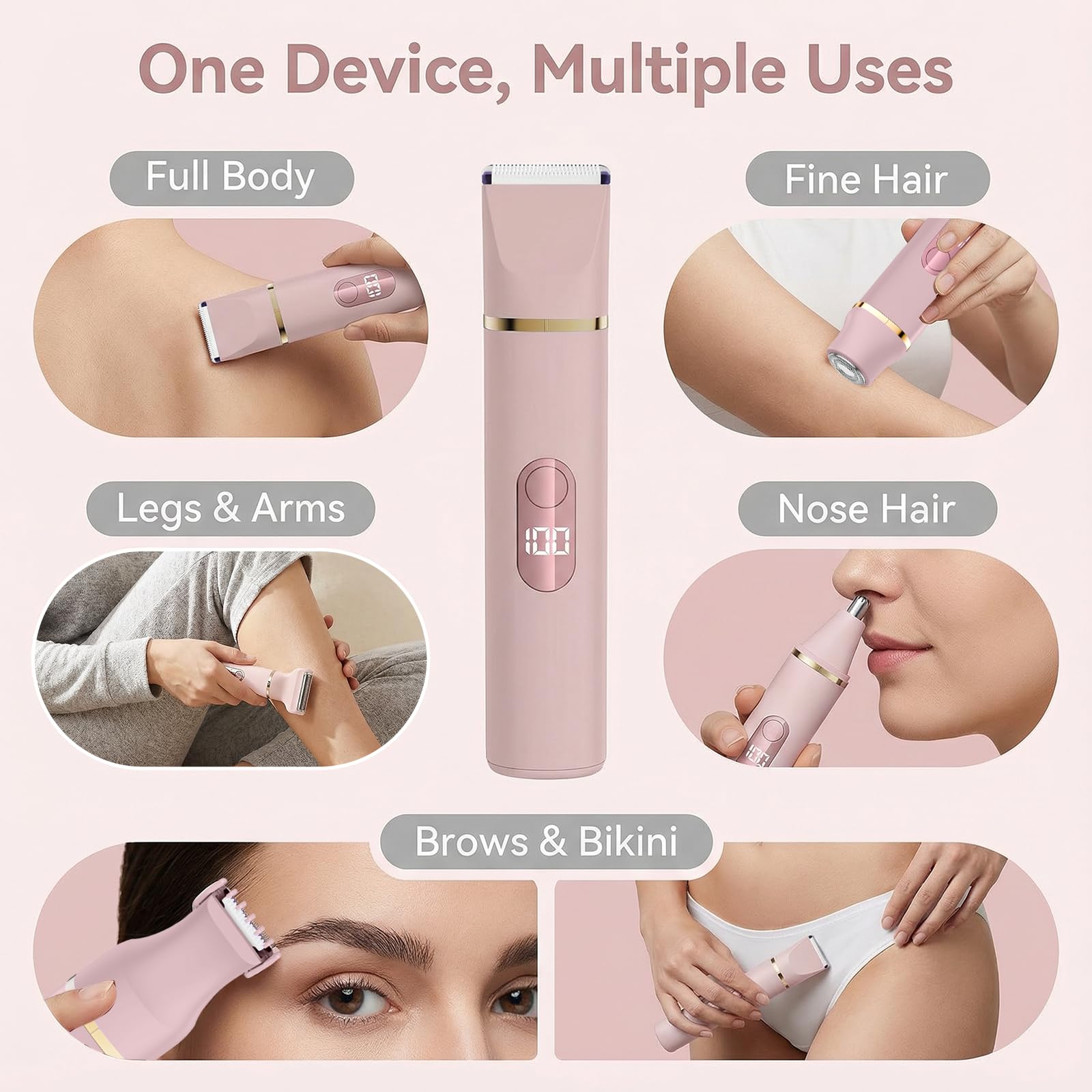 Épilateur Bikini 5-en-1 pour Femmes, Rasoir Électrique Corporel sans Fil Étanche IPX7, 5 Têtes Interchangeables pour Épilation Visage, Jambes et Zone Intime, Lame Céramique, Recharge USB (Rosa)