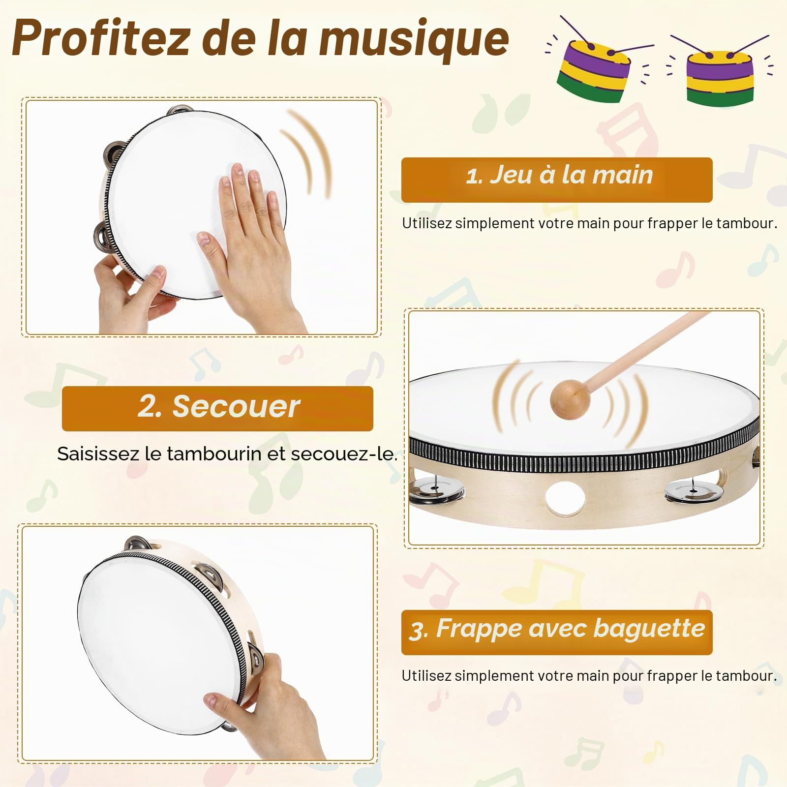 sourcing map Lot de 12 tambourins à main en bois de 10,2 cm à une rangée de tambourins en métal pour adultes, église, fête de mariage, couleur bois