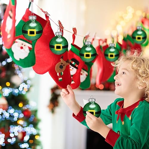 Miniatura 5 de Soulchen 16 adornos de bola de Navidad de elfo de 2.36 pulgadas, bola colgante con purpurina inastillable, adorno de árbol de elfo verde, decoración