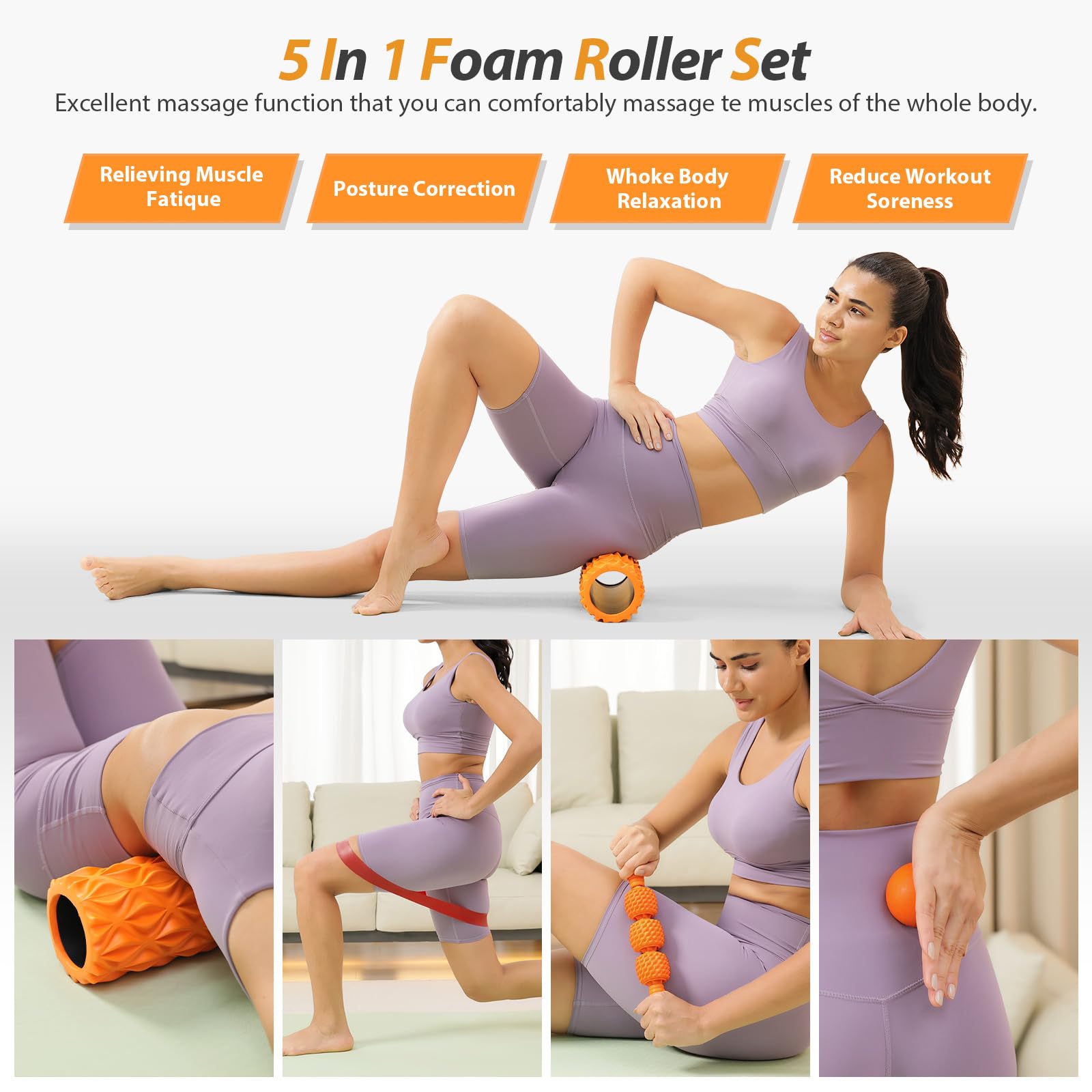 5 in 1 Foam Roller Set für Tiefengewebe-Muskelmassage, Mediem Density Rückenrolle, Triggerpunkt Fitness Übung Foam Roller, Massageroller, Massageball, Dehnungsgurt, für Ganzkörperentlastung
