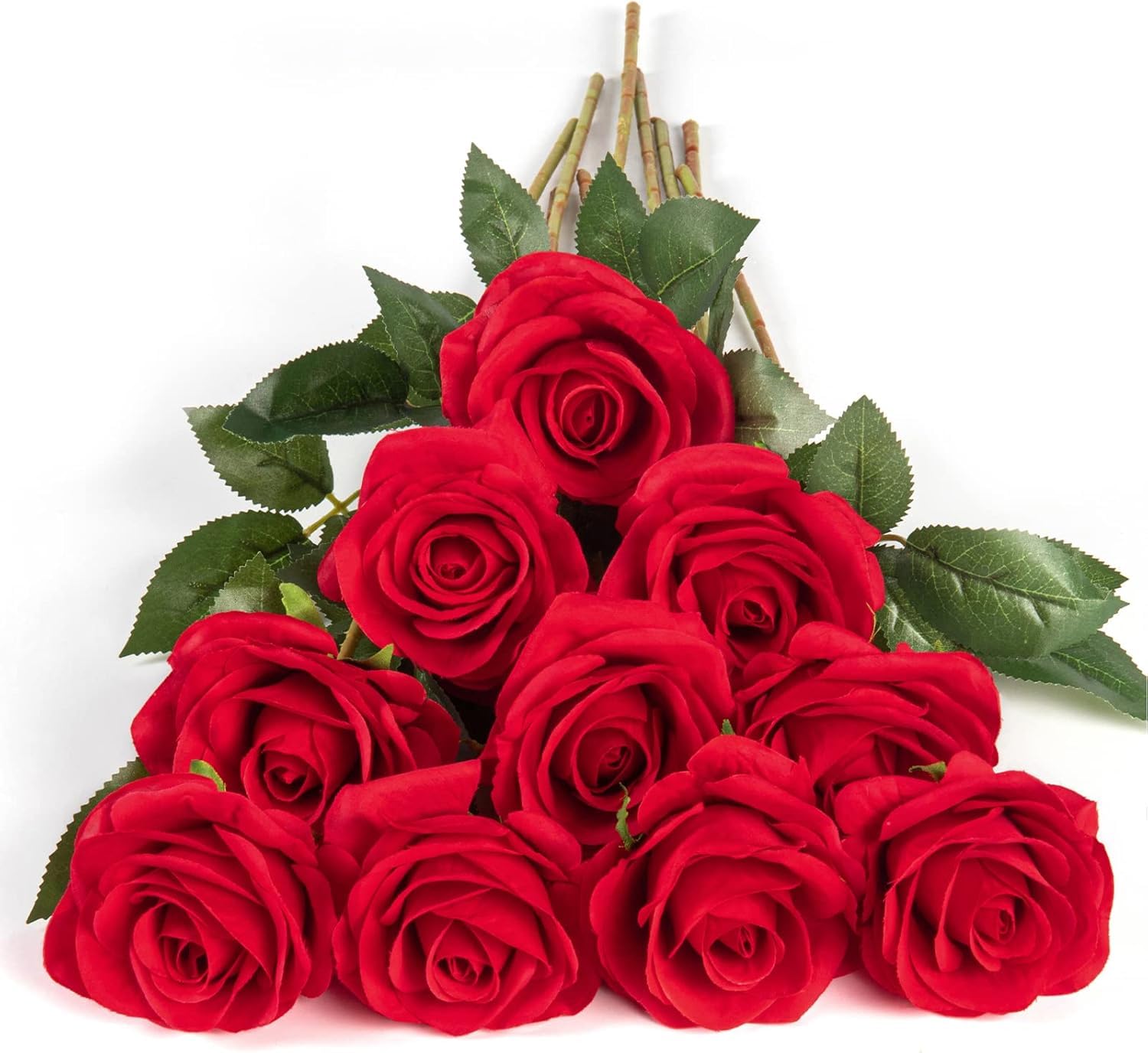 Dekorly 10pcs Fake Roses Artificial Silk Flowers Faux Rose Flower Long Stems Bouquet for Arrangement Wedding Centerpiece Party Home Kitchen Decor (Red, Height : Upto 30CM | Set of 10 Sticks)