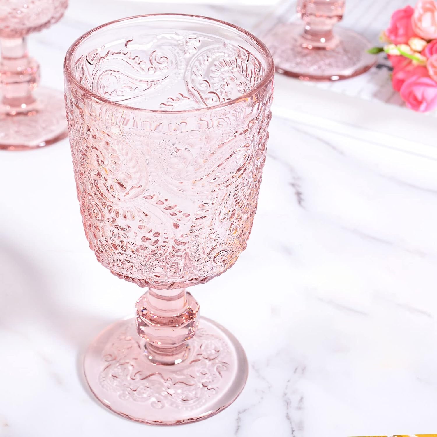 Tebery 4 Pack Pink Glass Wine Goblet Vintage, 10oz Colored Beverage Stemmed Glass Cups, Embossed Glassware Set for Water, Juice, Wine,Beer and Cocktails - Image 5
