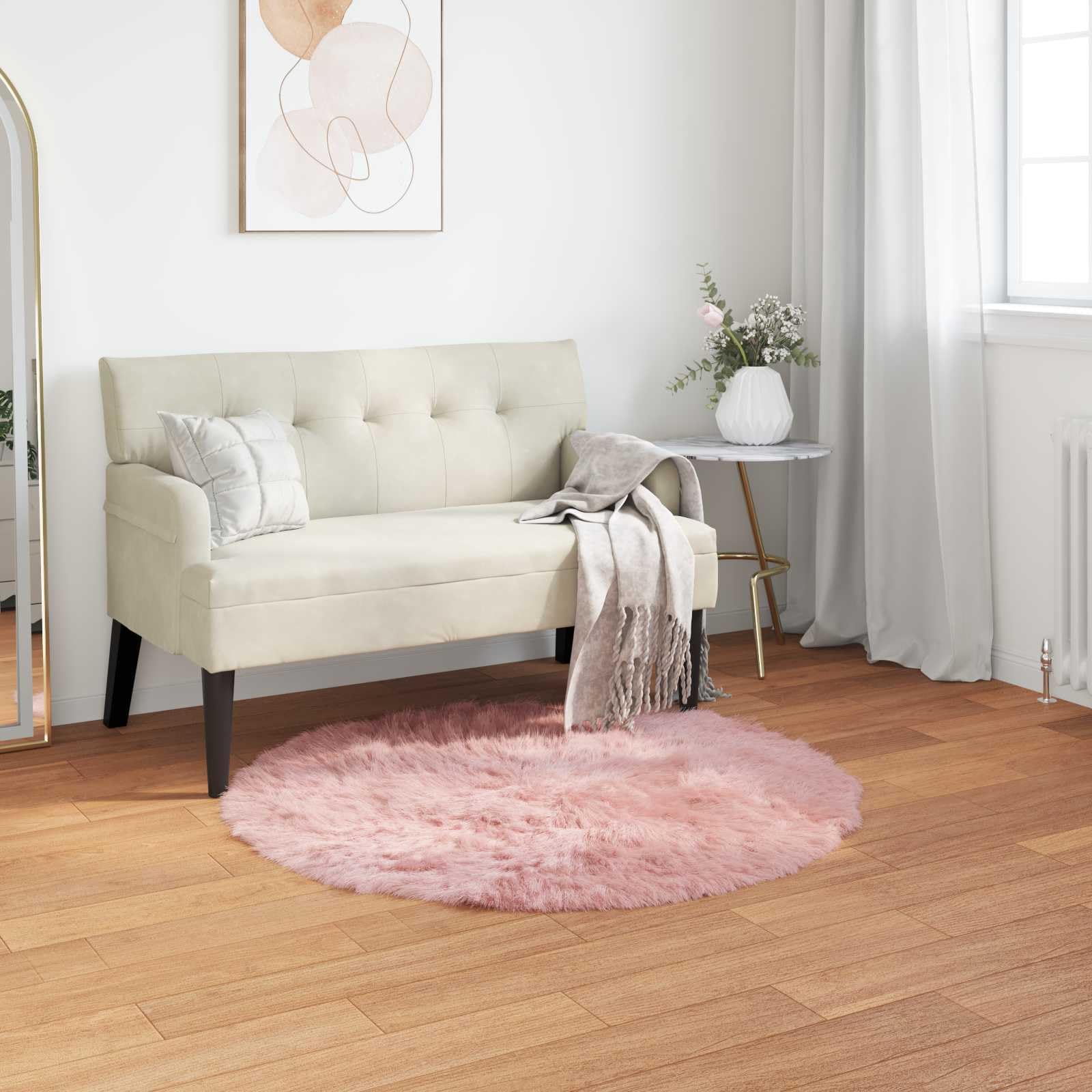 Tapis rond en fausse fourrure - Ø 100 cm - Rose - Imitation peau de mouton douce comme tapis de salon à poils longs - Tapis décoratif douillet en polyester pour intérieur confortable et