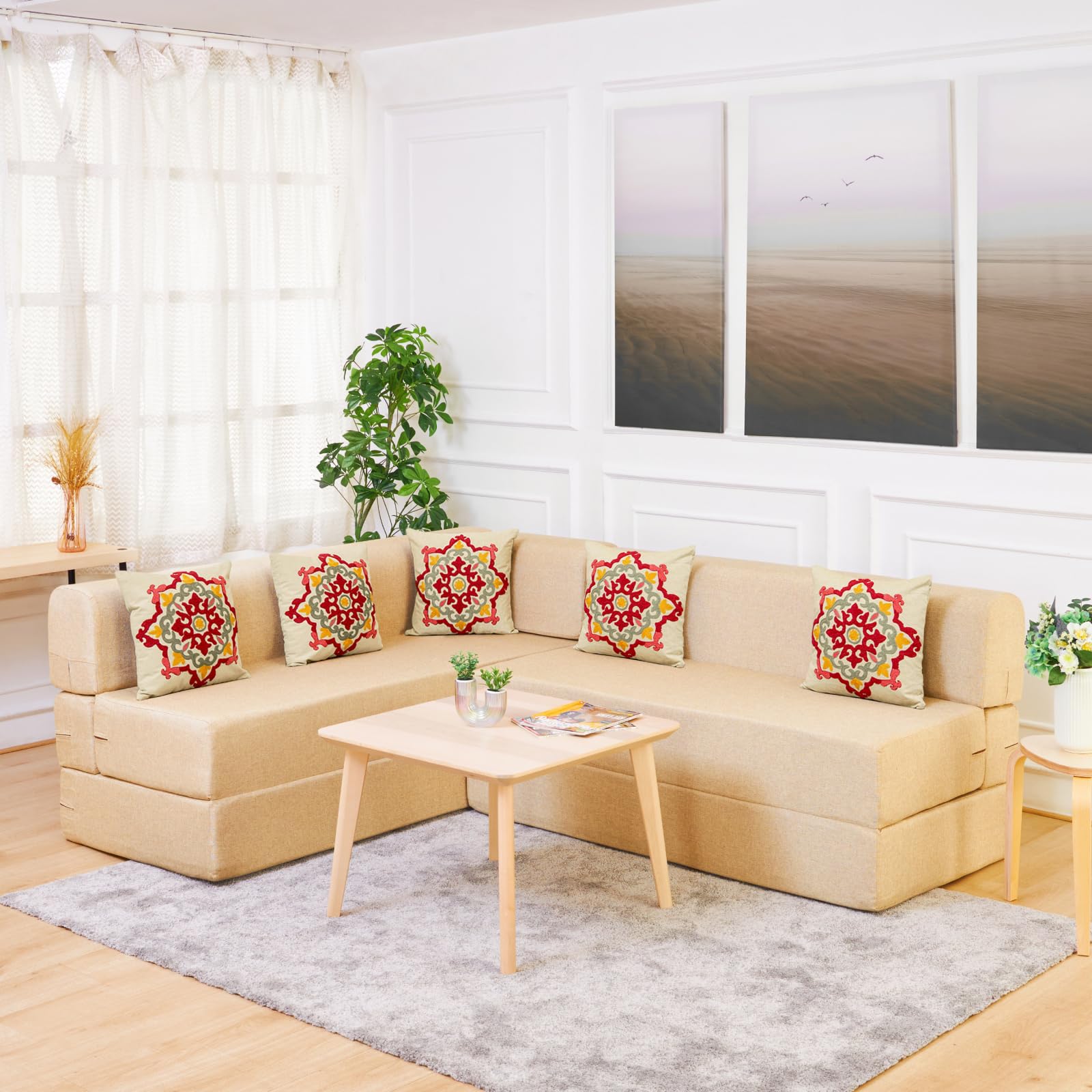 uberlyfe 5 Seater L Shaped Sofa Cum Bed | 1 Year Warranty | Foldable L Shaped Sofacum Bed | Sits & Sleeps 5 | 17" Sofa Height | Beige Color, Red Medallion Pattern (B08WKHWKWM) Amazon Price History, Amazon Price Tracker