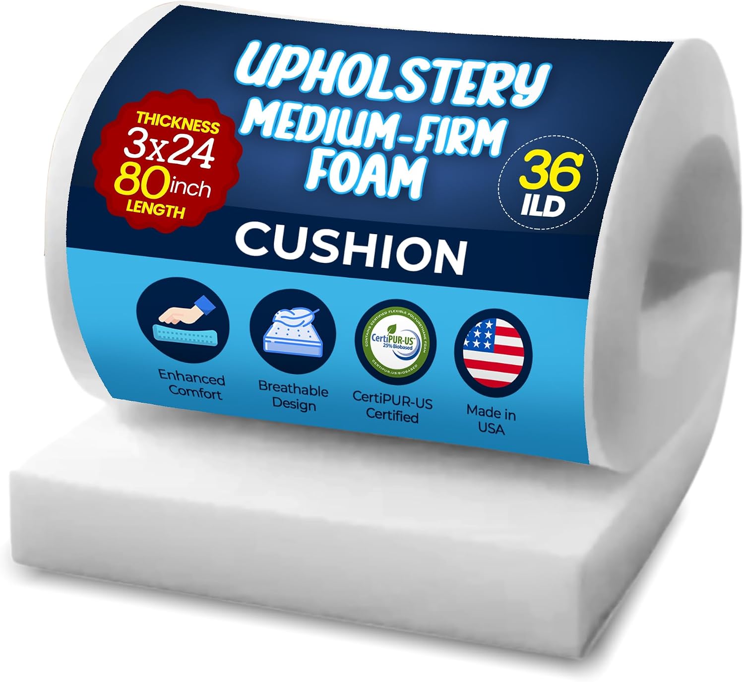 RaceCityFoam High Density Upholstery Foam Cushion, 3"H x 24"W x 80"L (Medium Firm) Density: 1.8lbs, compression 36 ILD, Upholstery Foam High Density, CertiPUR-US Certified Foam, Made in USA
