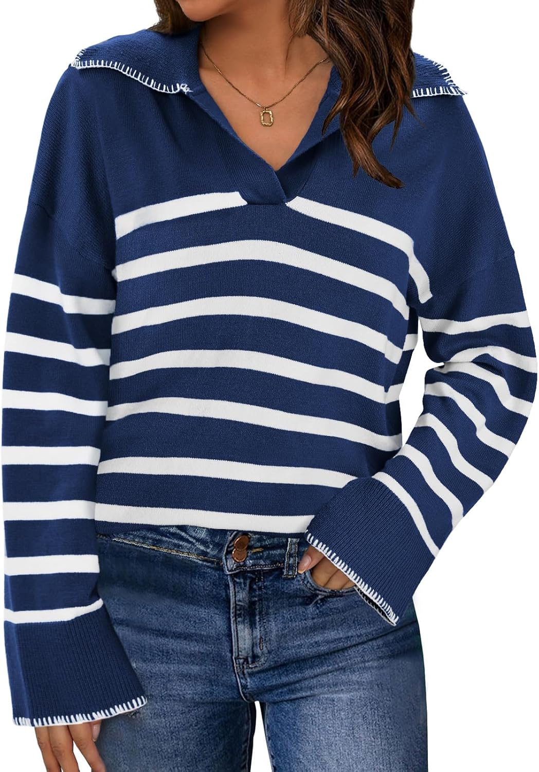 Bloggerlove Women's V Neck Striped Sweaters Fall Oversized Collared Long Sleeve Chunky Knit Pullover Sweater 2024 Tops Navy Blue Medium