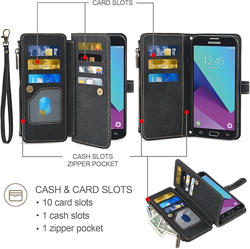 Miniatura 9 de Asuwish Funda de teléfono para Samsung Galaxy J3 Luna Pro J 3 Prime 2017 Emerge 3J Eclipse Mission Wallet Cover y protector de pantalla de vidrio