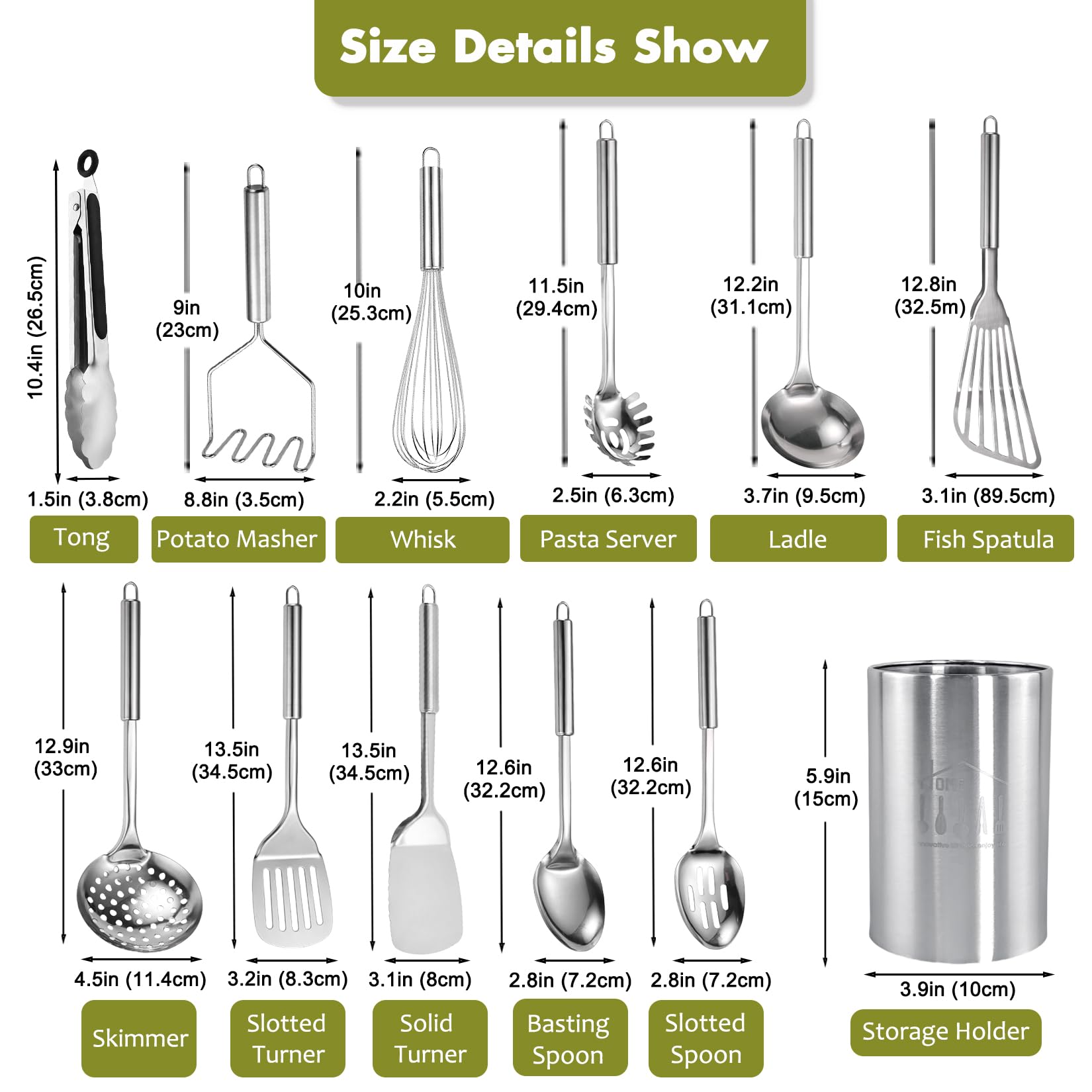 Juego de utensilios de cocina de acero inoxidable, juego de 12 utensilios de cocina con soporte, resistente al calor, para cocinar con volteadores, triturador de patatas, espátula, cucharas, pinzas,