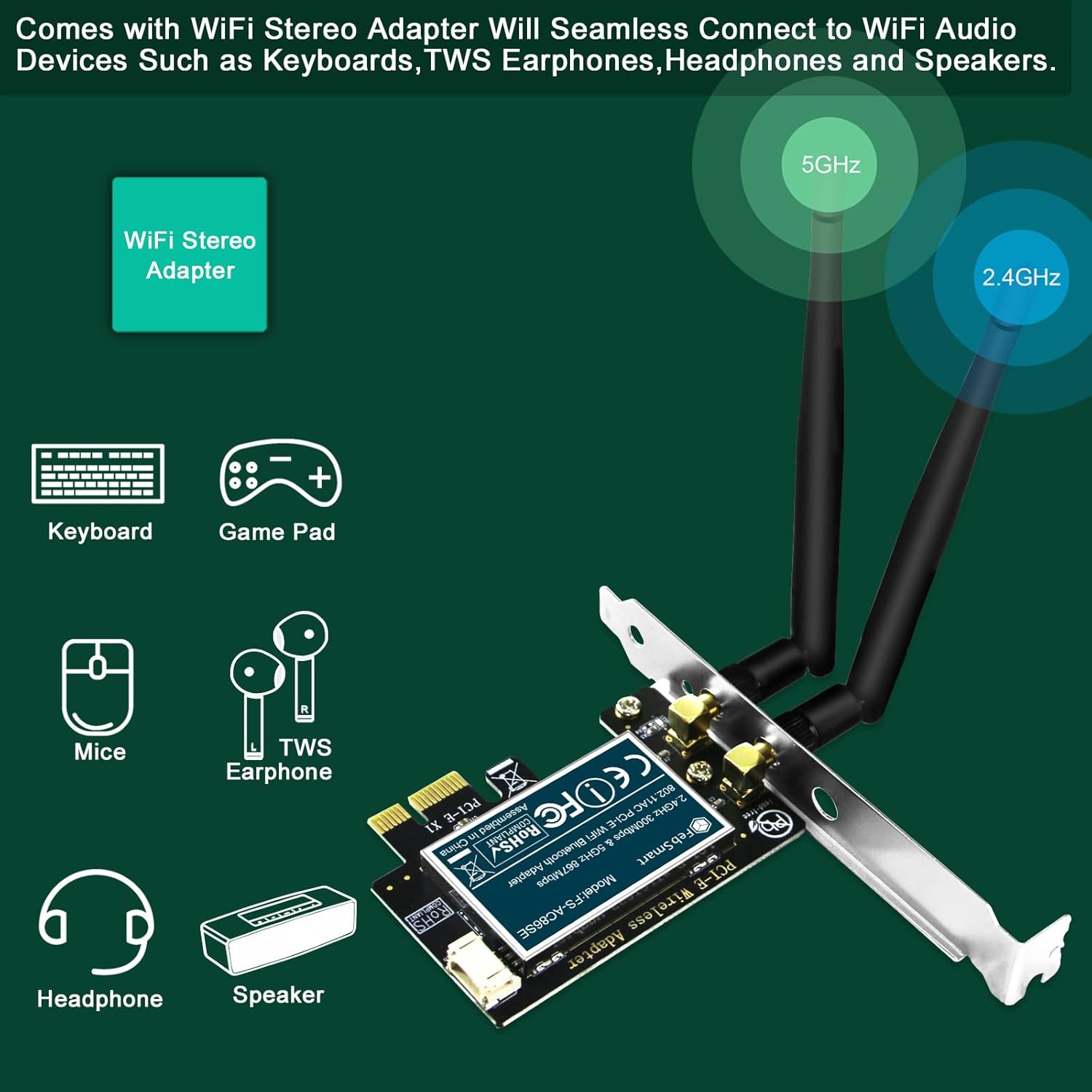 Wireless-AC Dual Band 1200Mbps (2.4GHz 300Mbps and 5GHz 867Mbps) PCI Express WiFi Card for Windows XP, 7, 8.x, 10, 11 (32/64bit) and Windows Server Desktop PCs, PCIE WiFi Adapter (FS-AC86SE)