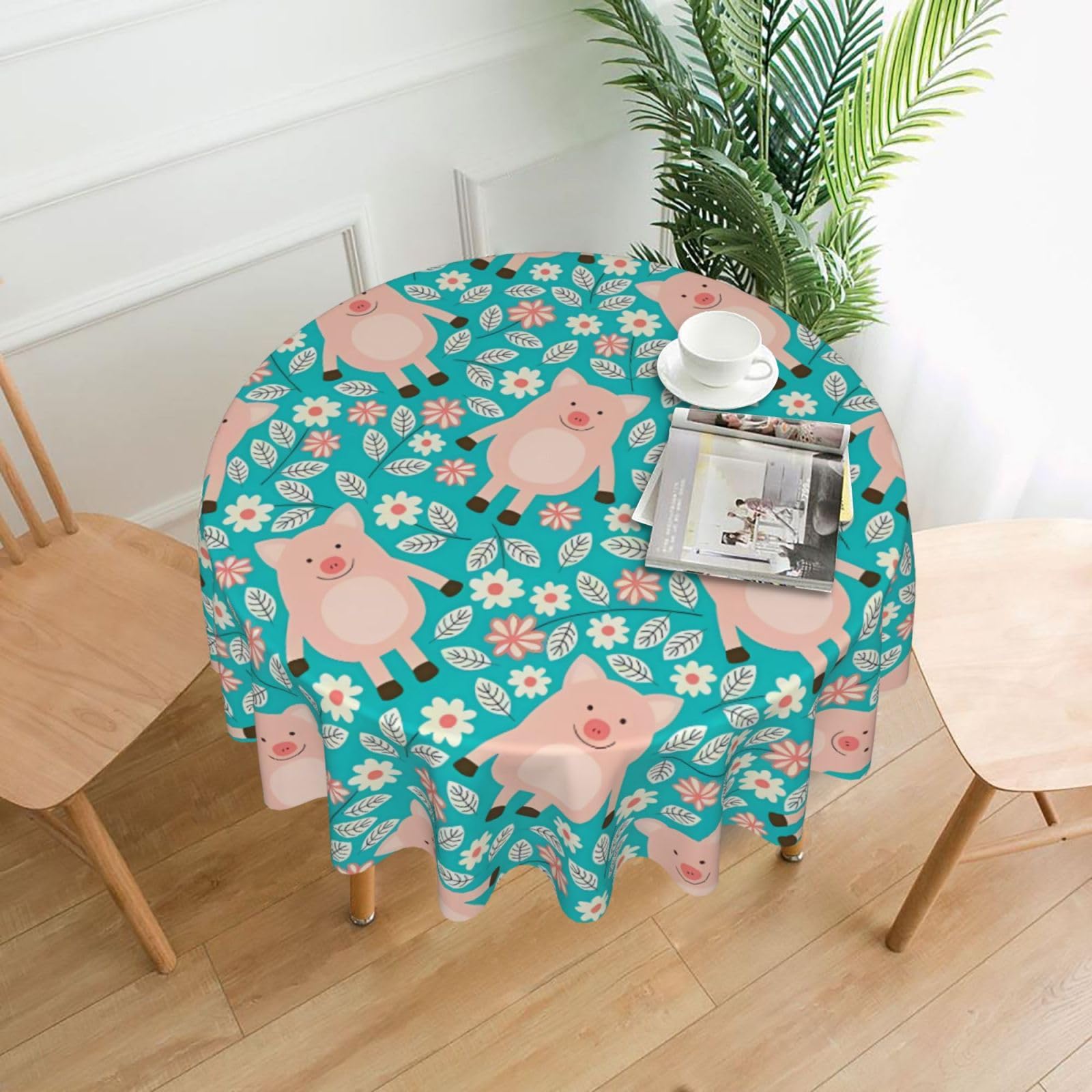 WHJSHOP Flower Cute Pig Pattern Prints Round Decorative Tablecloth 60in – High-Grade Polyester Throw Cover for Dining Table Protection & Elegant Home Decor
