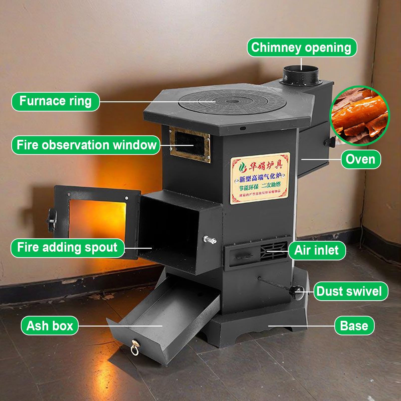 Stufa a Pellet, Stufa a Legna con Camino e Forno, Rivestimento Interno In Ghisa, per Riscaldare Cabine e Tende
