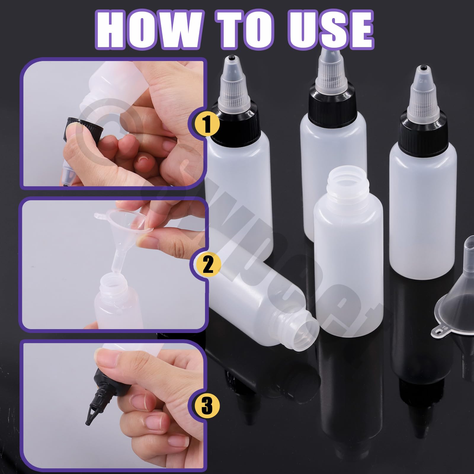 Swpeet 25 przezroczystych butelek z małymi lejkami, plastikowa butelka Boston LDPE o pojemności 30 ml, puste butelki z zakrętką Twist Top Cap do płynów z tuszem, z tworzywa sztucznego