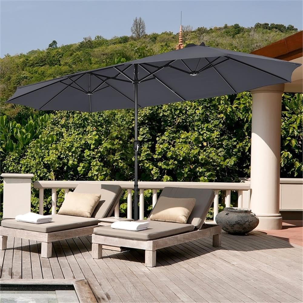 Pemberly Row 15 Ft Patio Double Sided Outdoor Market Umbrella, Gray Canopy, Vented Design, Hand-Crank Adjustment, Weighted Base, 12 Rib Durable Structure, Garden, Patio, Residential or Commercial Use