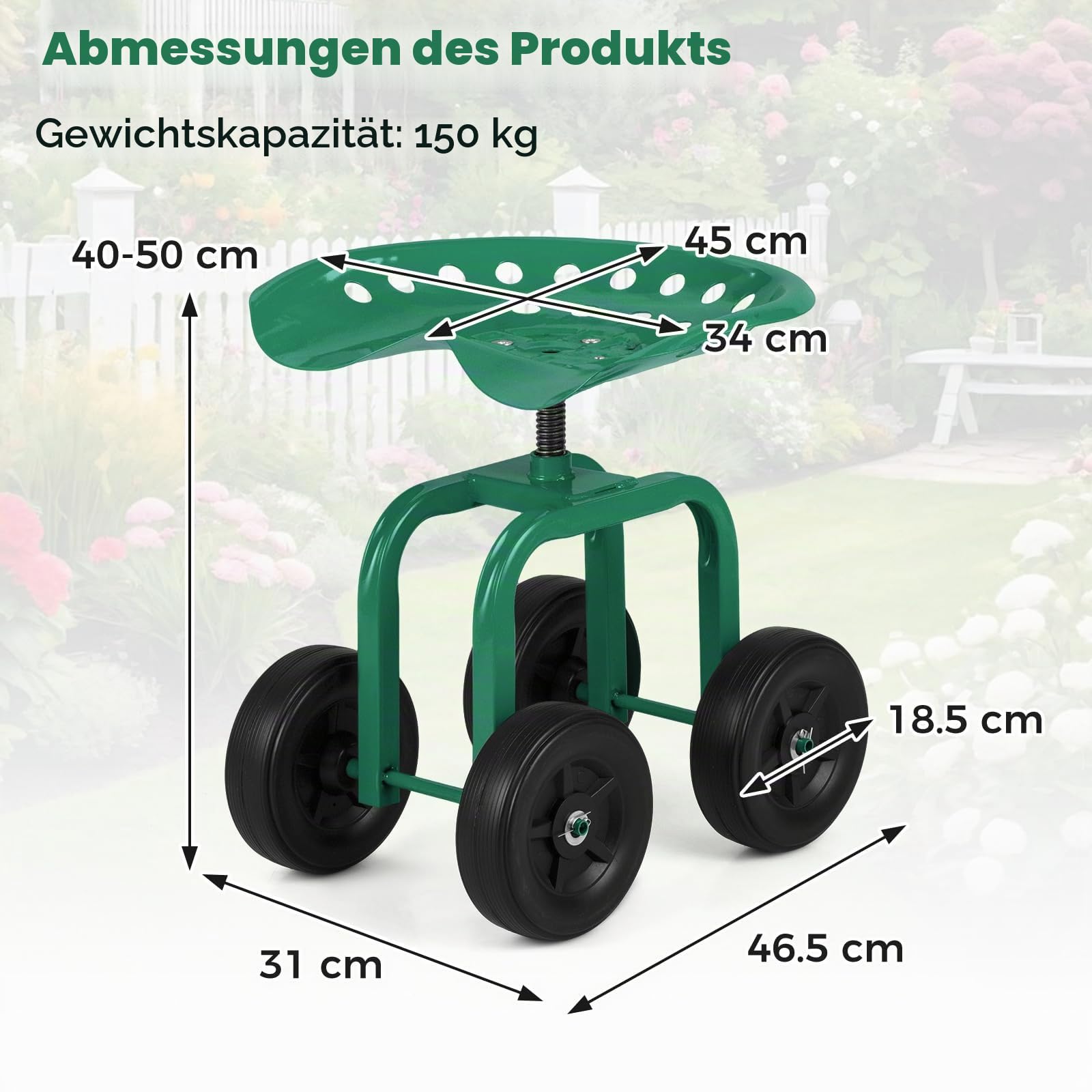 RELAX4LIFE Rollsitz, Gartensitz mit 4 Rädern, Gartenrollsitz 360 ° Drehbar & Höhenverstellbar 40-50 cm, Fahrbarer Arbeitssitz aus Metall, bis 150 kg, für Gartenarbeit & Autopflege