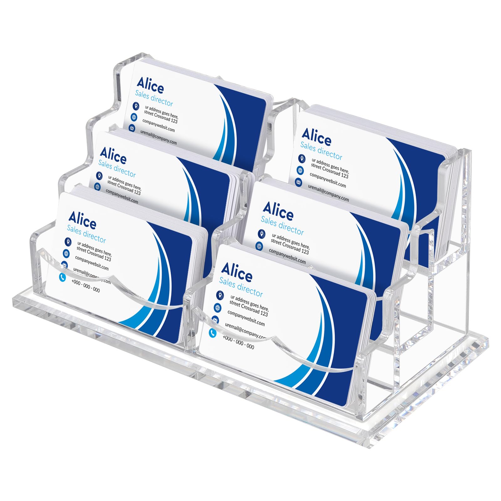SWAWIS 6 Fächer Visitenkartenhalter Transparent, Acryl-Visitenkartenständer für Business Schreibtisch, Visitenkarten Aufsteller für Damen und Herren, Passend für 300 Visitenkarten