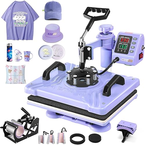 AKEYDIY Upgraded 8 in 1 Heat Press Machine for Tshirts 12X15 Inch, 360° Swing Away Shirt Press Machine for Sublimation, Multifunctional Heat Transfer Machine Combo for Shirts (Purple-8 in 1)