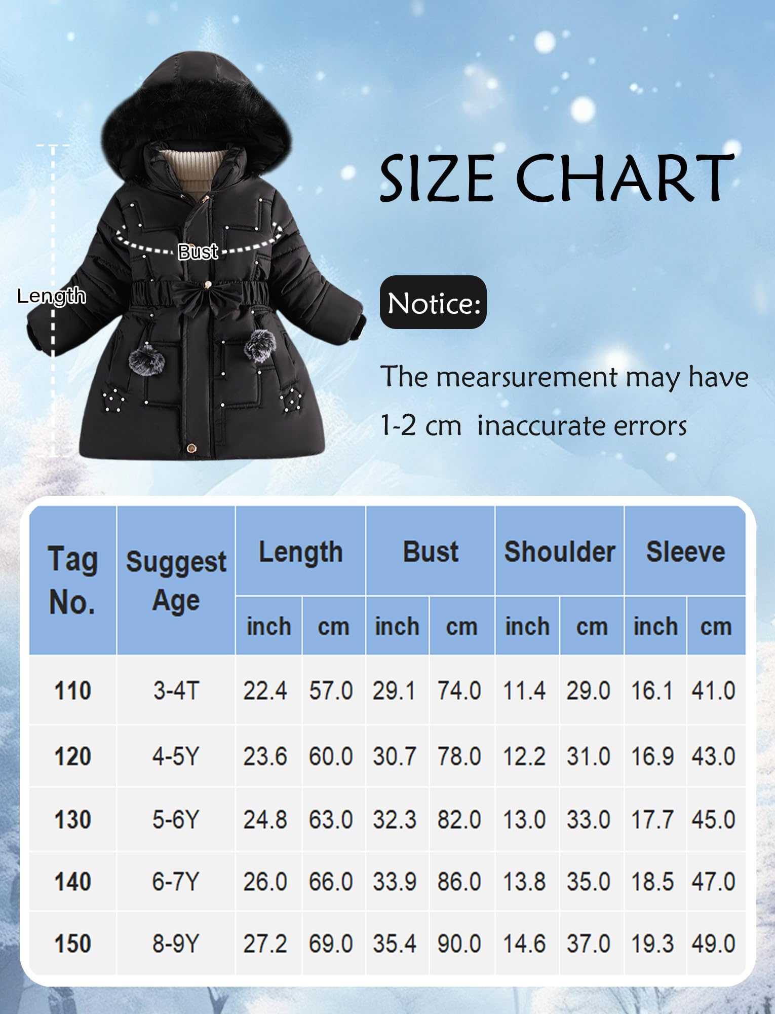 SEAUR Piumino con Cappuccio Staccabile per Ragazza Giacca Invernale Imbottita Bambina Cappotto Lungo con Elastico in Vita Giacca con Zip per 3-9 Anni