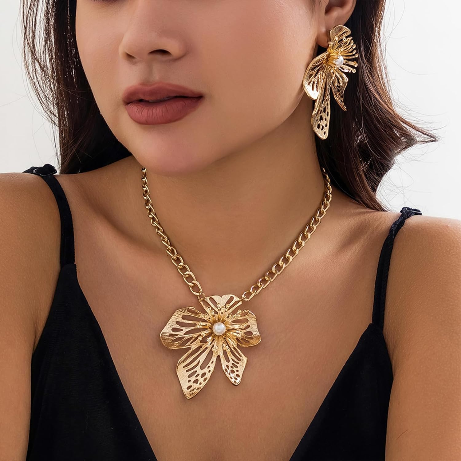 Gold Plated Big Flower Jewelry Set for Women,Unique Punk Cuban Chain Floral Necklace Earrings Striking Evening Banquet Prom Jewelry Gifts - Image 6