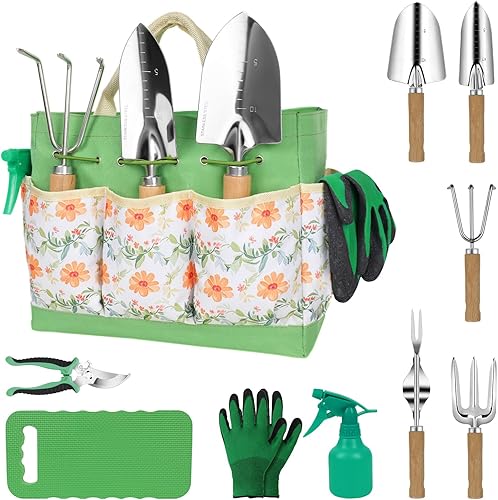 Vista 12 de LeMotech Juego de herramientas de jardín, 10 piezas de herramientas de jardinería resistentes, taburete plegable con bolsa de mano desmontable