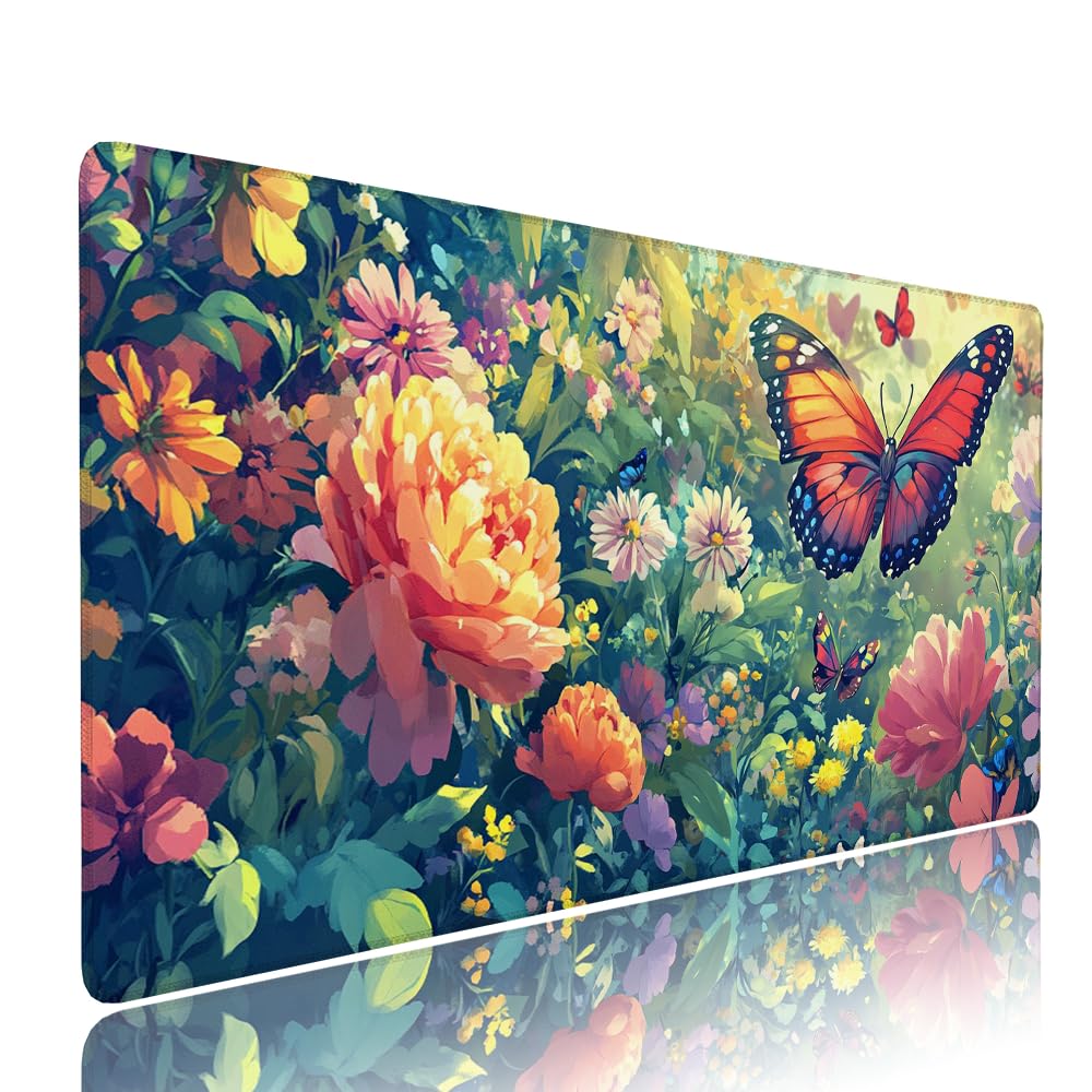 Podkładka pod mysz XXL kolorowa podkładka pod mysz biurowa akcesoria do gier klawiatura rozszerzona podkładka motyl szeroka mata do gier 1400 x 600 x 3 mm z gumową podstawą, przeszyte krawędzie