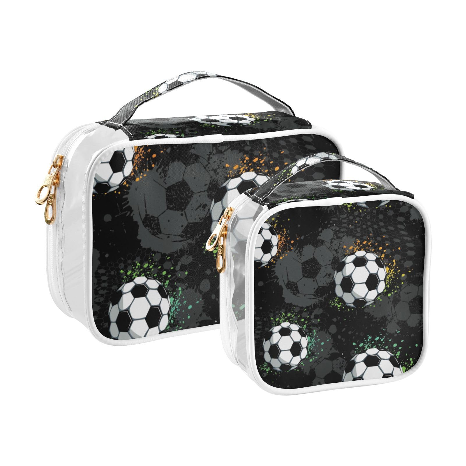 SUABO White and Black Soccer Toiletry Bag, 2 Pack Clear Makeup Bags with Handle Large Opening, Clear Toiletry Bags Fit Carry-on Travel Essential