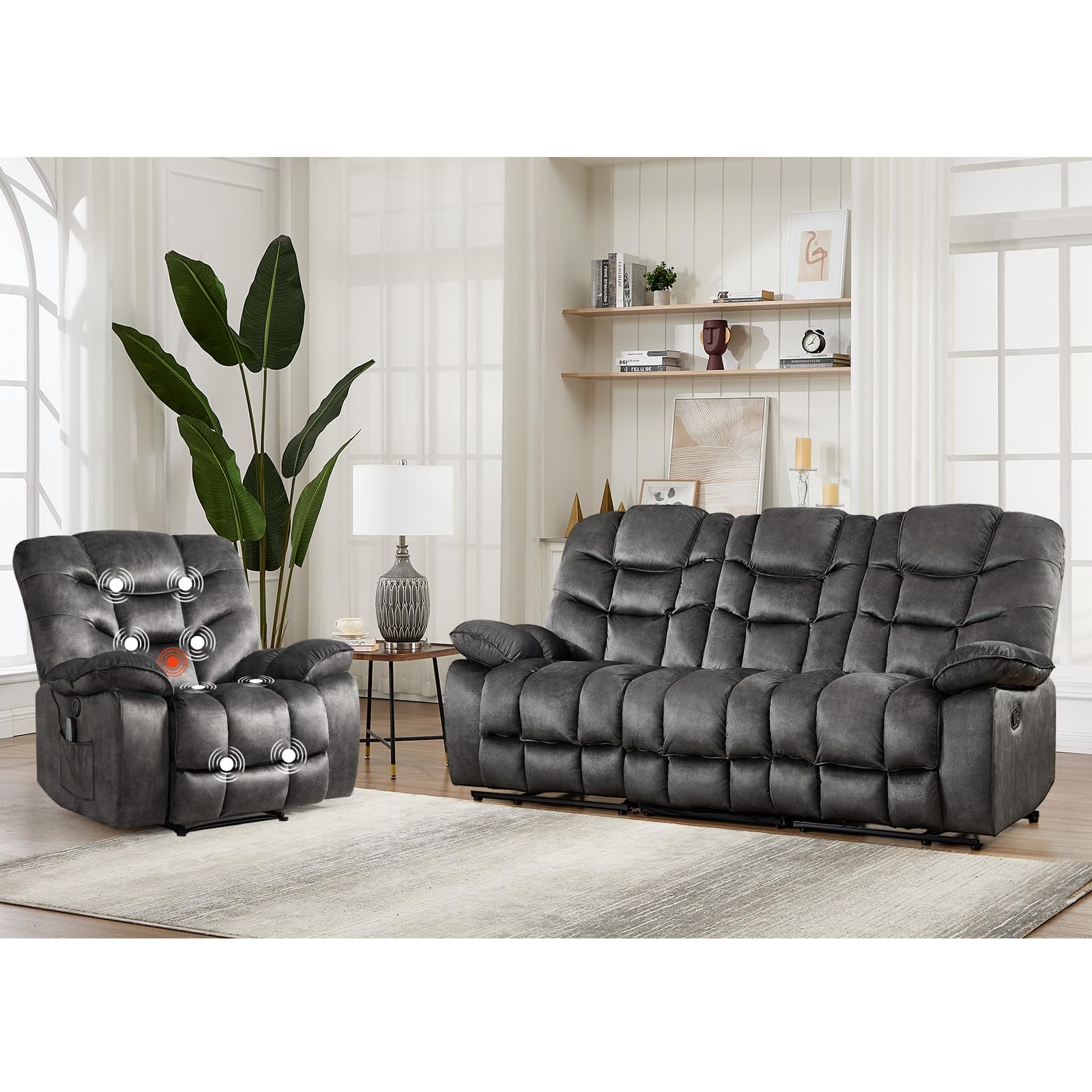HAOMARKETS 2-Piece Recliner Sofa Couch Set, Include Single Power Electric Recliner Chair with Massage&amp; Heat and 3 Seat Manual Reclining Sofa for Living Room Bedroom, Grey