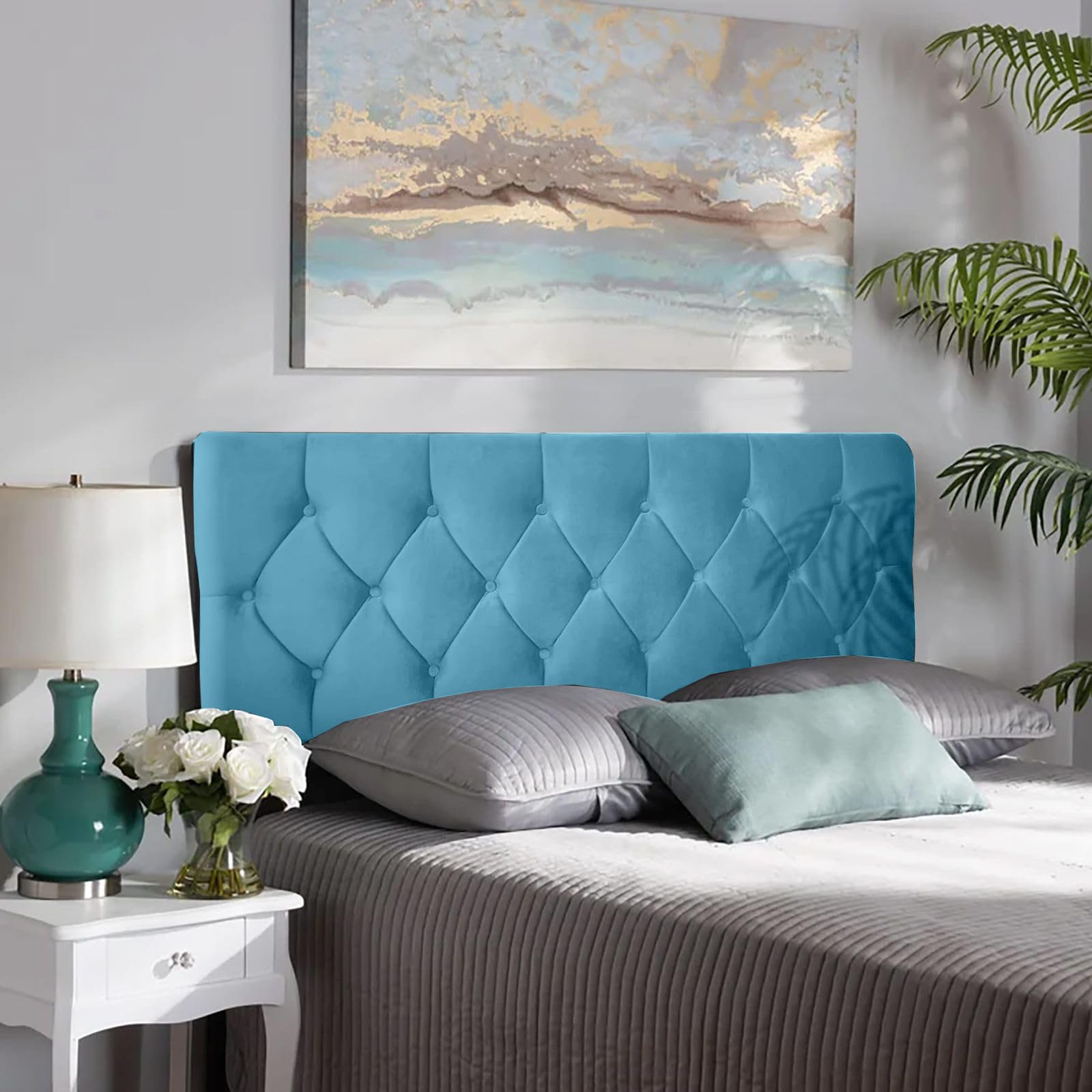 Somna Living Luxury Velvet Upholstered Tufted Headboard (Turquoise, 4 FT 6 Double)