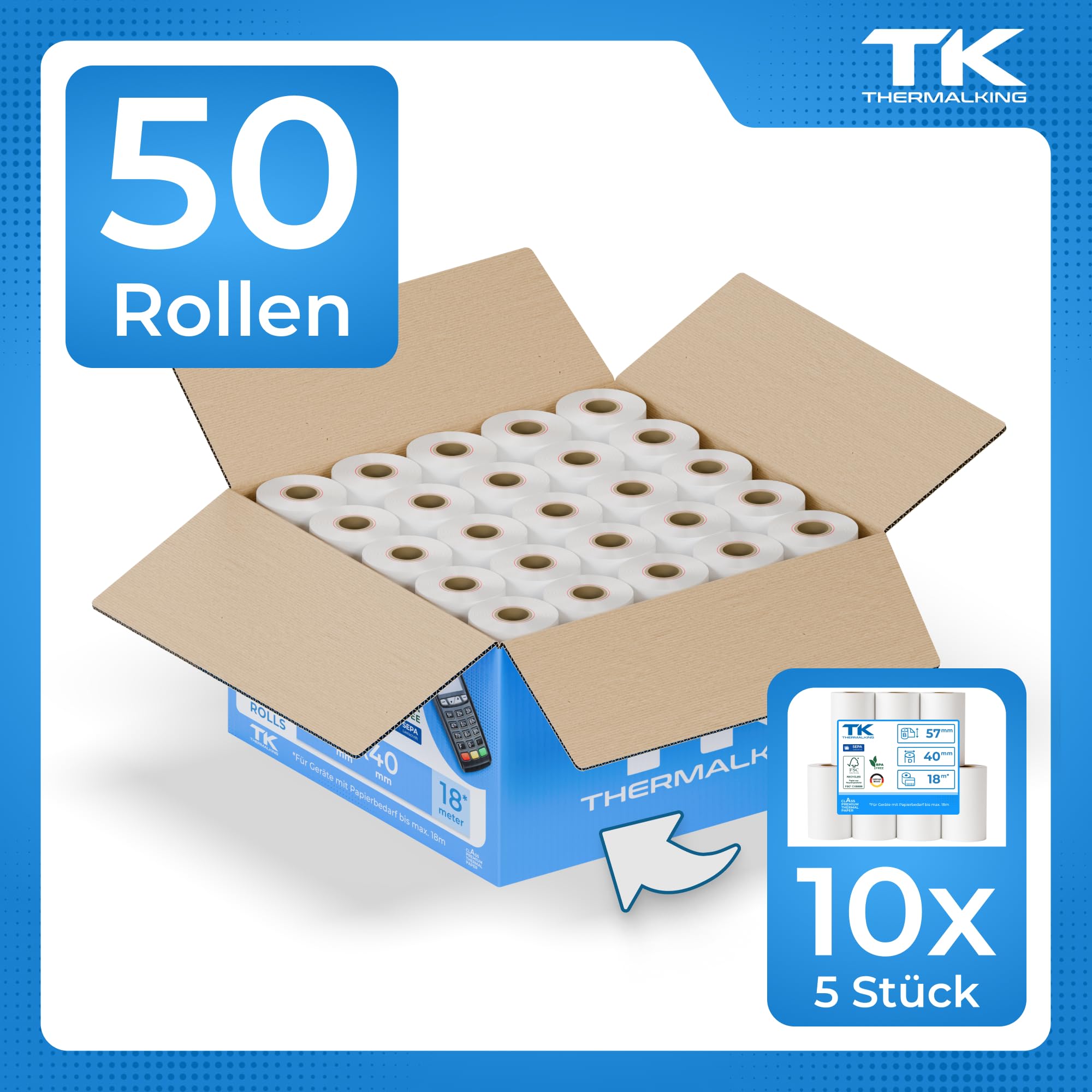 THERMALKING EC Cash Rollen Thermopapier 57mm x 40mm x 12mm - Thermorollen 57x40x12 für EC & Kredit-Kartenlesegeräte - Bonrollen mit SEPA-Lastschrifttext - Für Systeme bis 18m Papierbedarf (50 Stk)