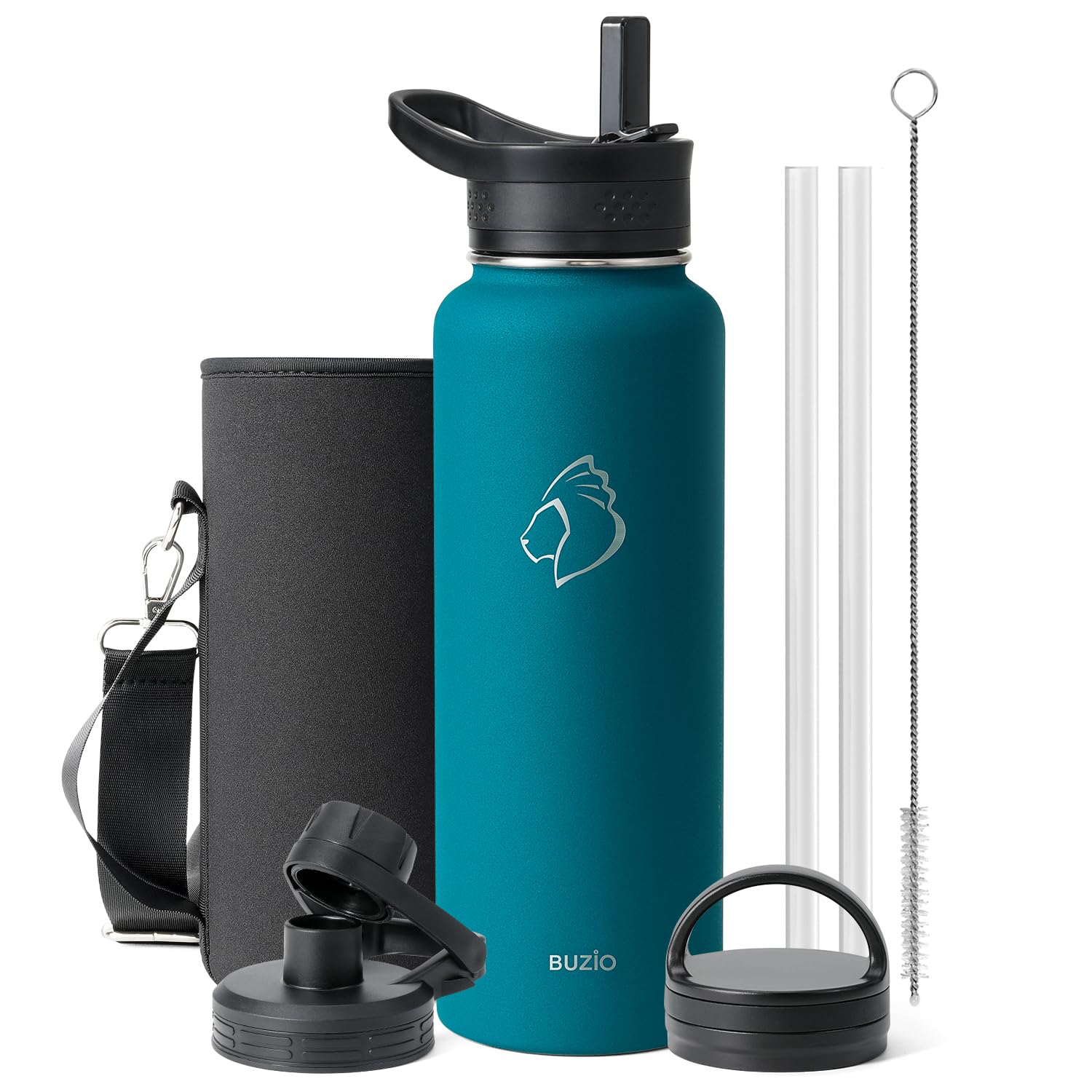 BUZIO 40 oz Water Bottle Insulated with Straw & 3 lid and Carrying Pouch, Leak Proof Anti-Slip Stainless Steel Water Flask Jug, Cold for 48 Hrs Double Vacuum Thermo Canteen, BPA-Free, Dark Blue