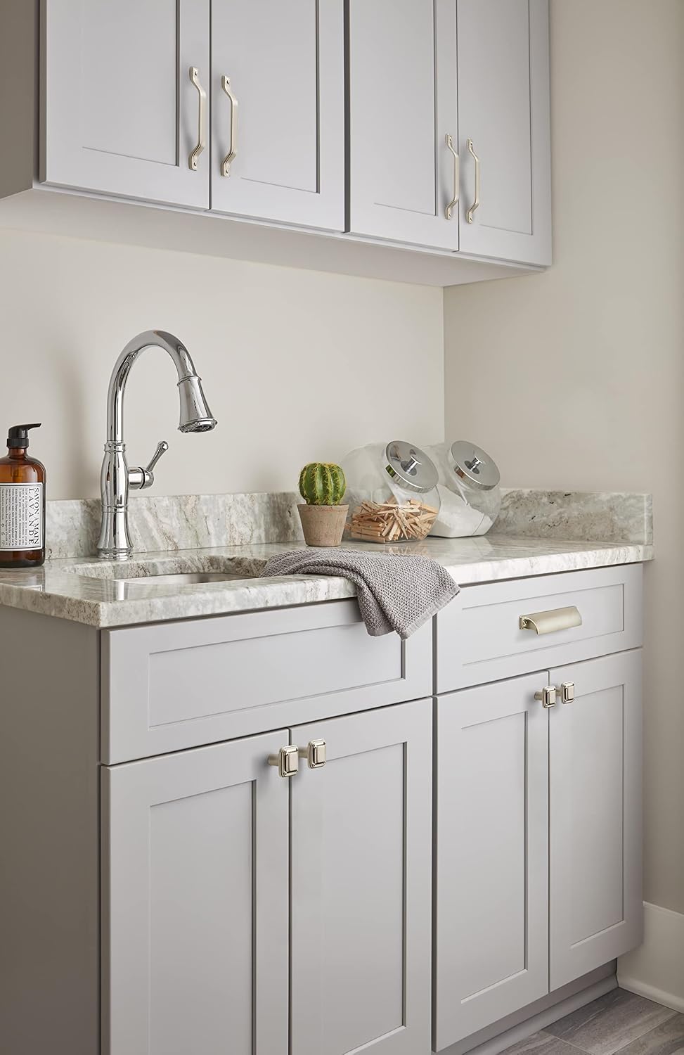 Amerock | Kitchen Cabinet Cup Pull | Silver Champagne | 5-1/16 in (128 mm) Center-to-Center | Jolene | 1 Pack | Furniture Hardware | Cabinet Handle | Bathroom Drawer Pull