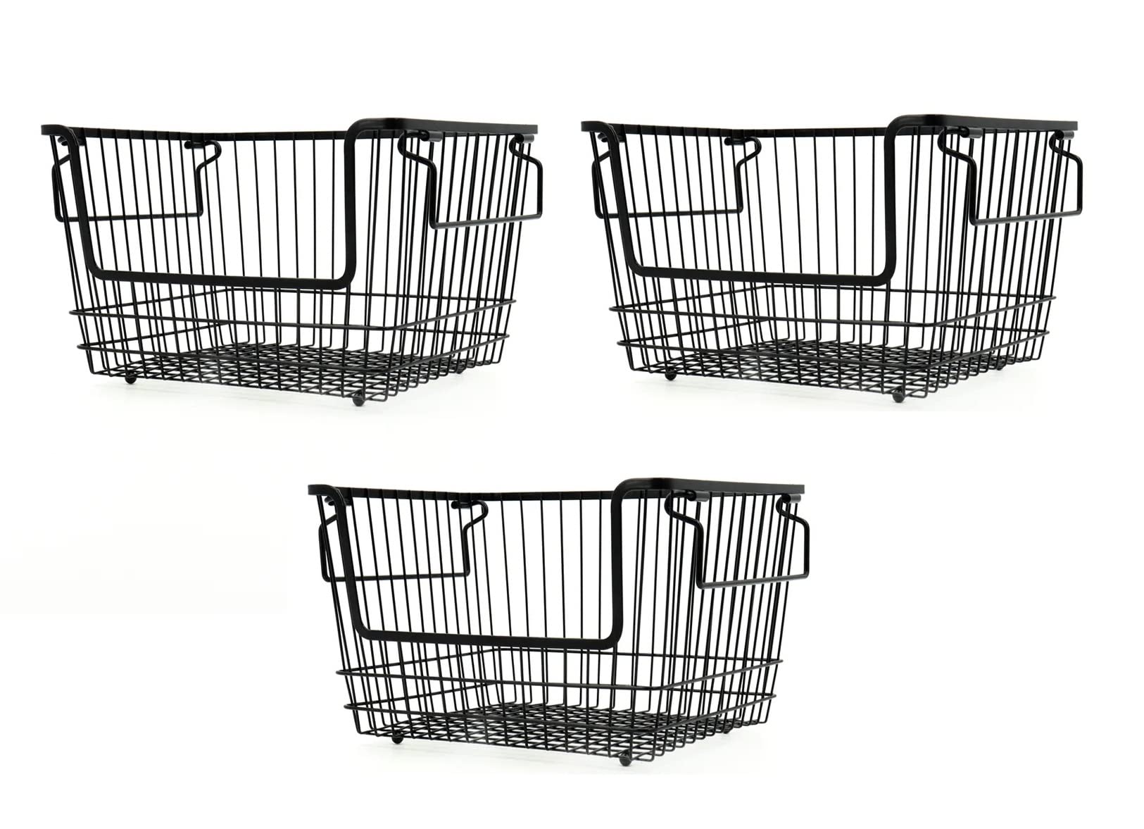 Homion Black Large Stacking Basket Storage Veg Rack Stackers Shlef Multi Purpose Stackable Wire Storage Basket With Carry Handles Kitchen Fruit Stand (3 Baskets)