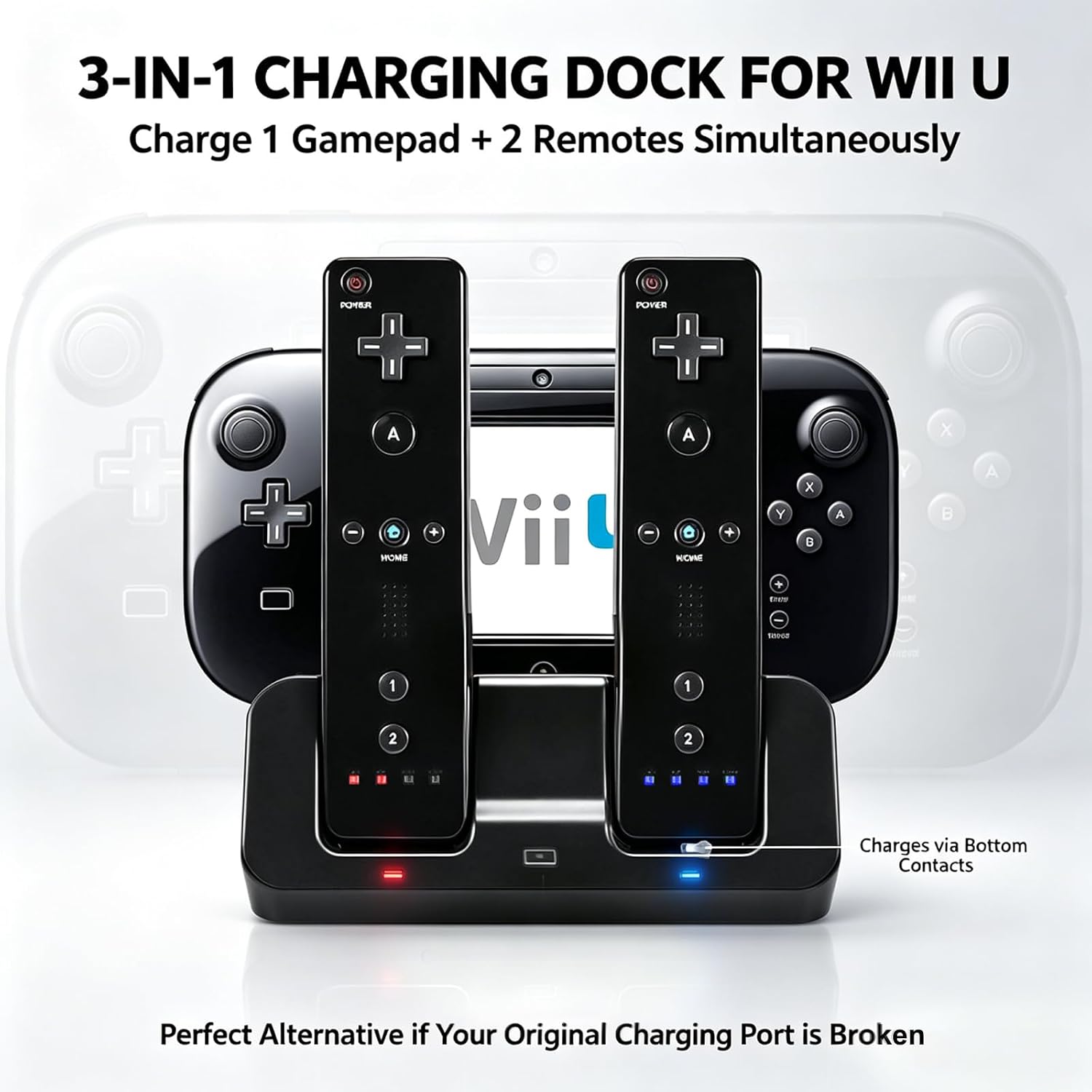 Charging Dock Station for Wii U Gamepad & Remote Controllers, 3-in-1 Multi-Charger Base Cradle Stand with 2×2800mAh Rechargeable Batteries & USB Cable, Auto Power-Off Protection, Black