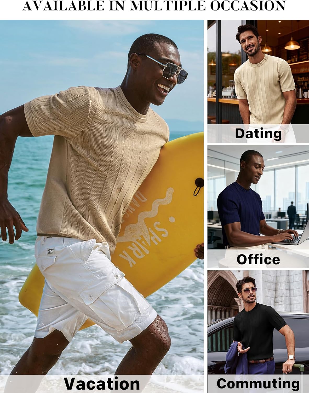 PJ PAUL JONES Mens T-Shirts Short Sleeve Crewneck Knit Texture Shirt Fashion Casual Stretch Tee Shirts - Image 5