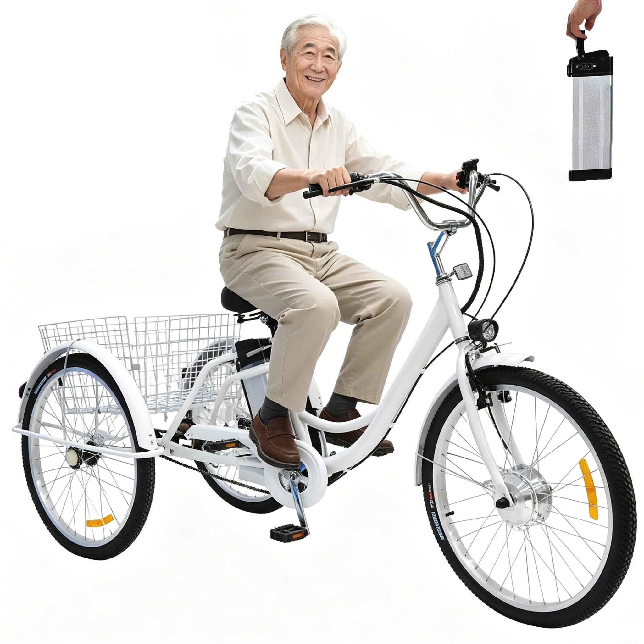 24″ Adult Electric Tricycle, 3 Wheel Electric Trike for Seniors with Storage Basket,Seat Adjustable Height (29.5''-33.4''),150kg Load Capacity,36V/12Ah Removable Battery,Travel Mileage:45km White