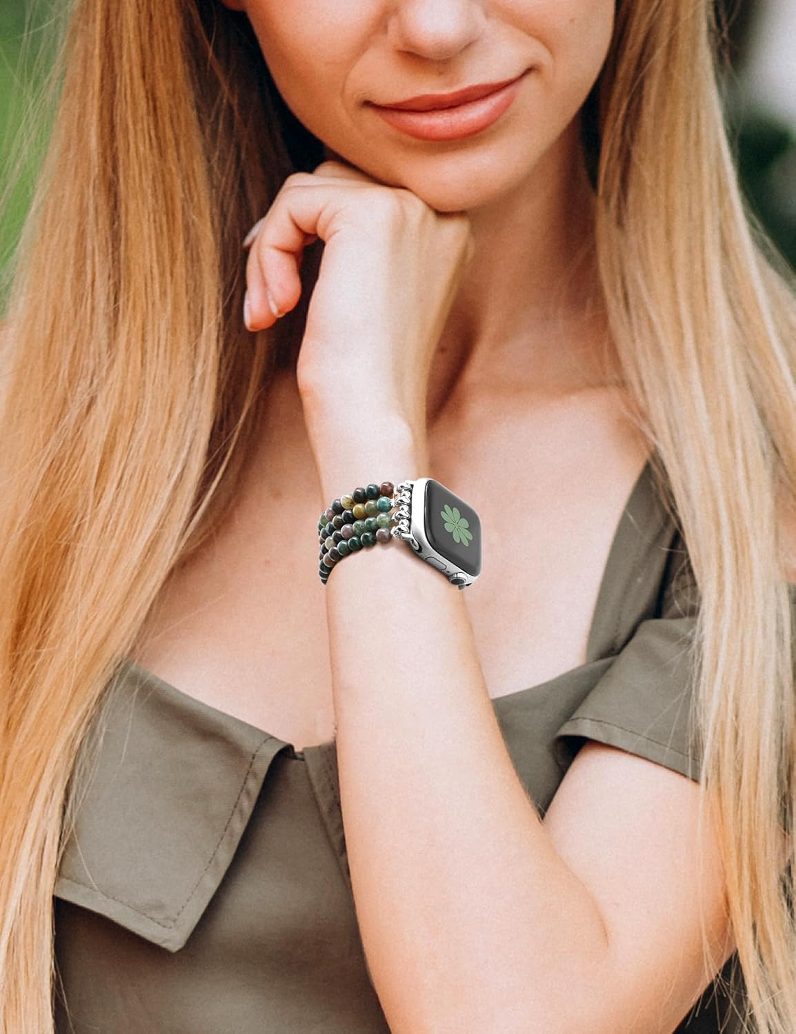 JR.DM Natural Stone Beaded Bracelet Bands for Women Compatible with Apple Watch 40mm 41mm 38mm 42mm(S10/11) Comfort Cool Elastic Strap Replacement for iWatch Series 11/10/9/8/SE/7/6/5/4/3/2/1 - Image 6