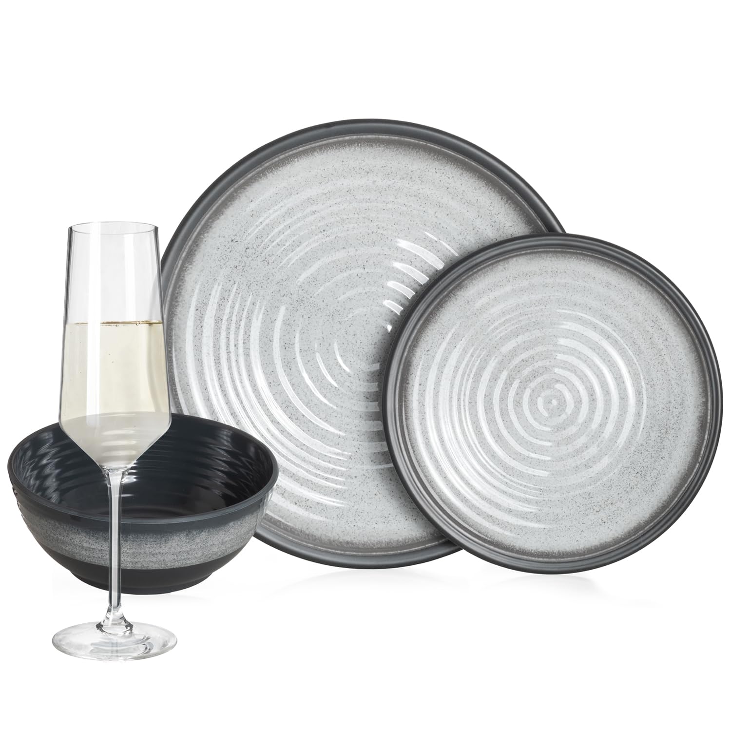 Vajilla de melamina para camping, 4 personas, color gris piedra + 4 vasos de champán Milano