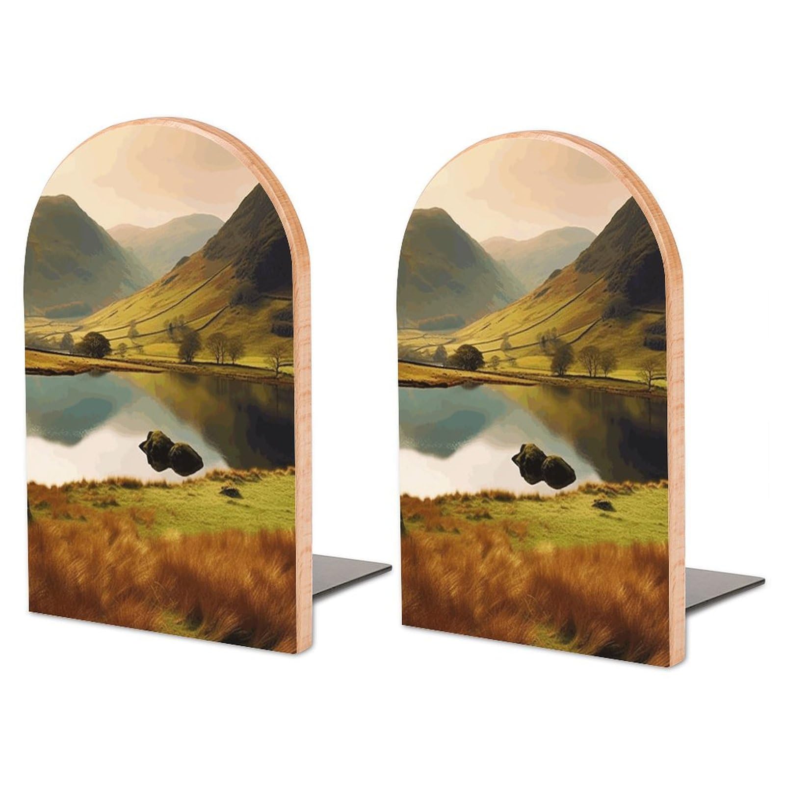 Beech Wood & Iron Bookends, Lake District National Park Print Contemporary Bookends Heavy-Duty Book Holder with Modern Design for Library and Office Use